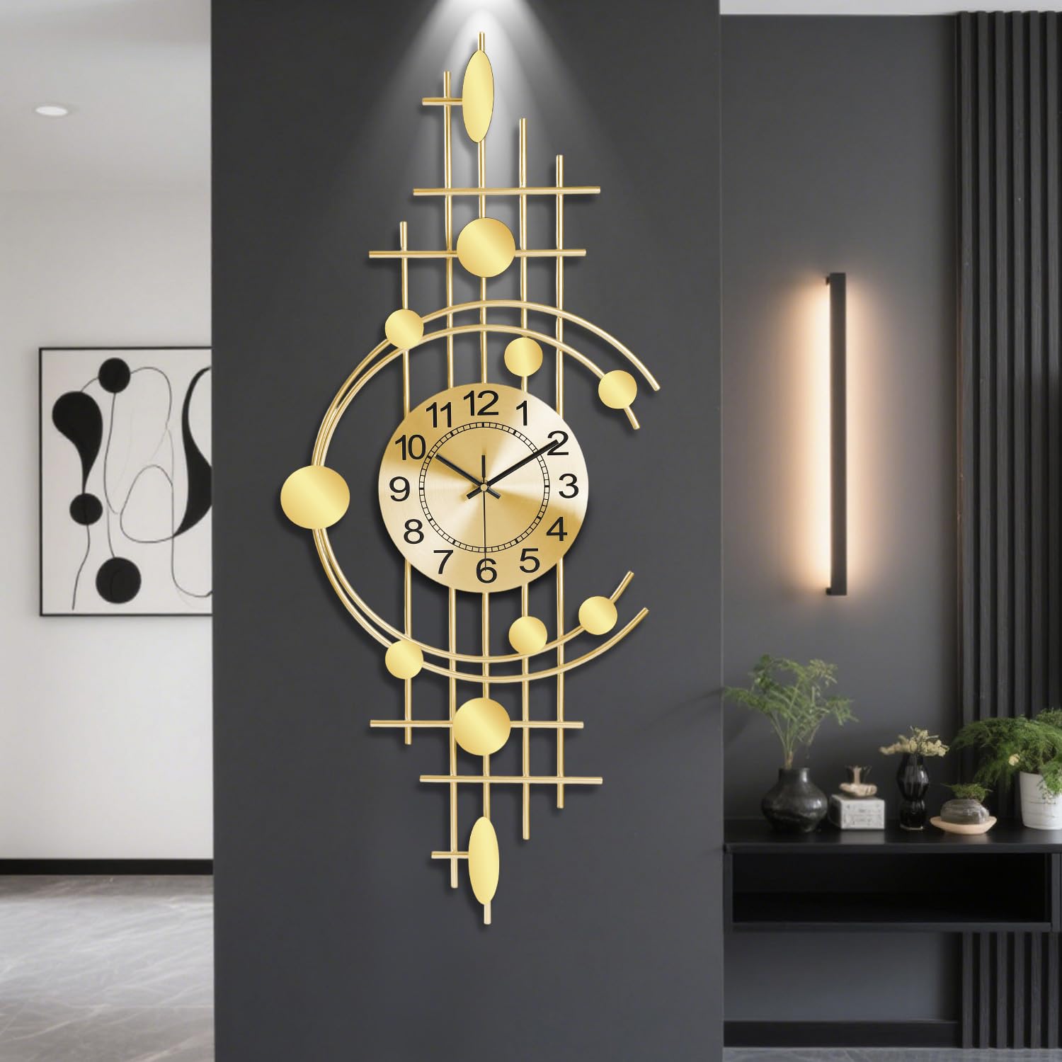 Gilacco Wall Clock for Living Room, Silent Quality Quartz Battery Operated, Golden Metal Decorative Large Wall Clock for Kitchen,Home,Bathroom,Bedroom Home Decor,37x92.2CM