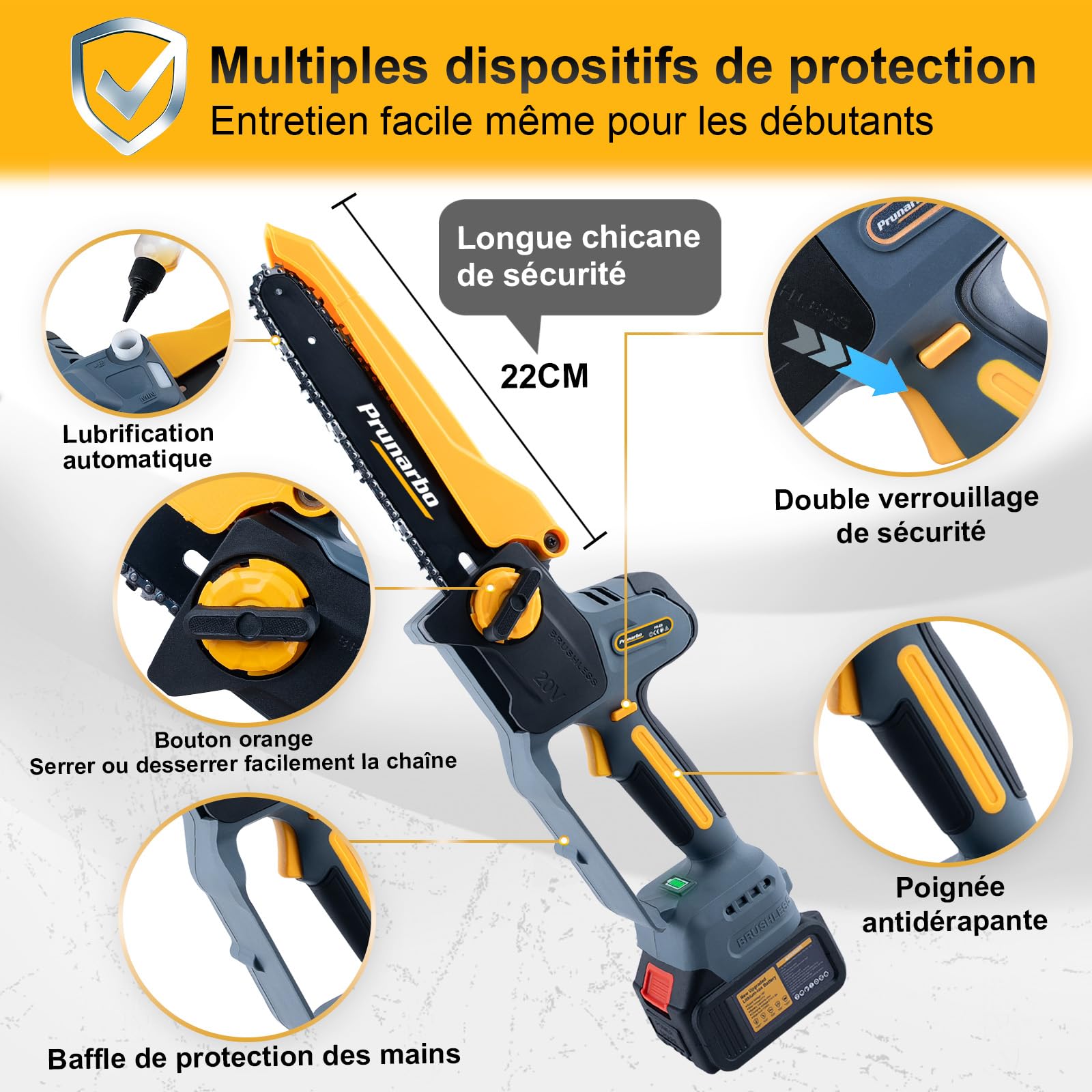 Mini Tronçonneuse 8" Sans Fil avec 2 Batteries 4Ah | Coupe Sans Effort, Lubrification Automatique, Compatible Perche Télescopique, Arbres Fruitiers, Entretien du Jardin