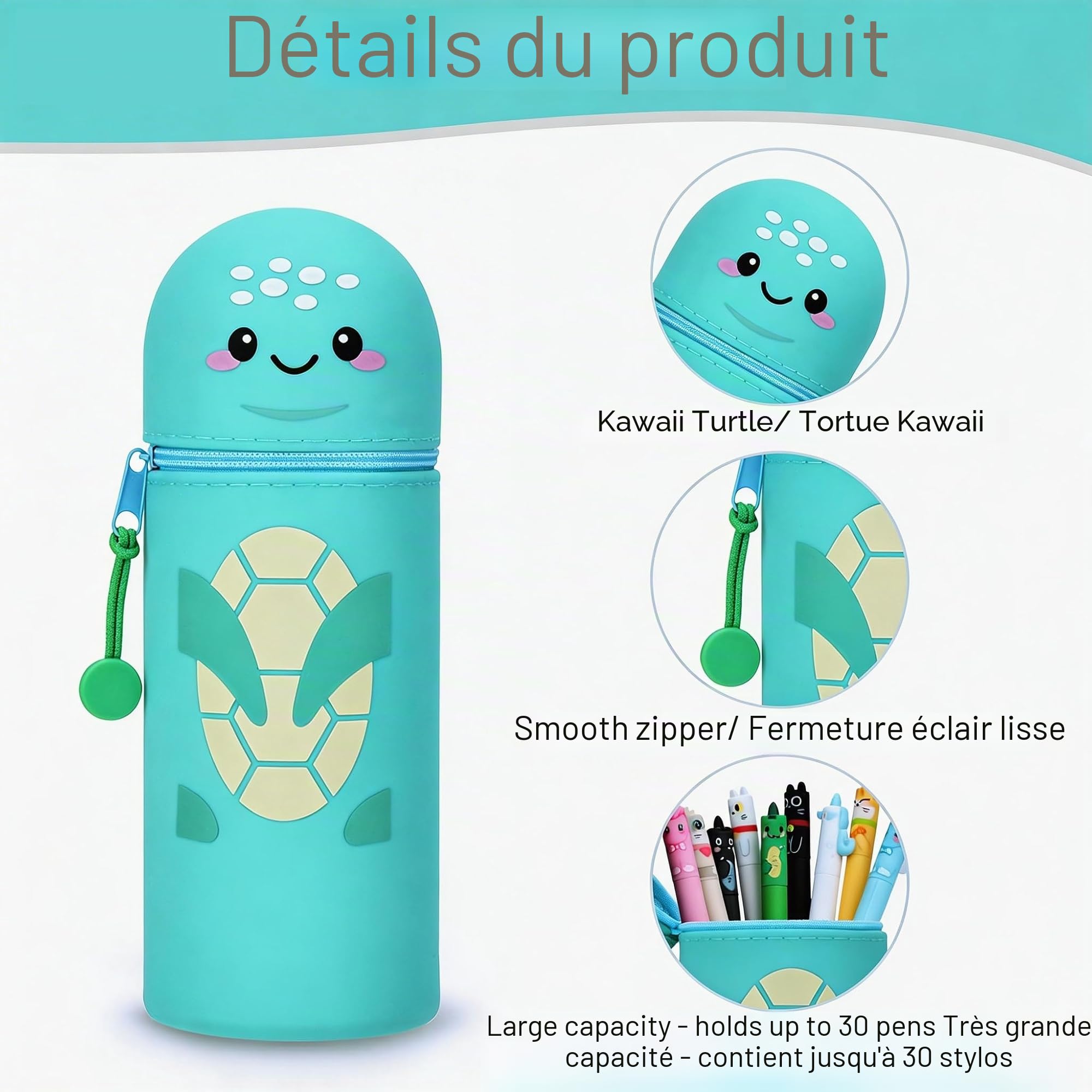 Kawaii Trousse 2 en 1 silicone souple - Porte-crayons de table, fermeture éclair, H 18,5 cm