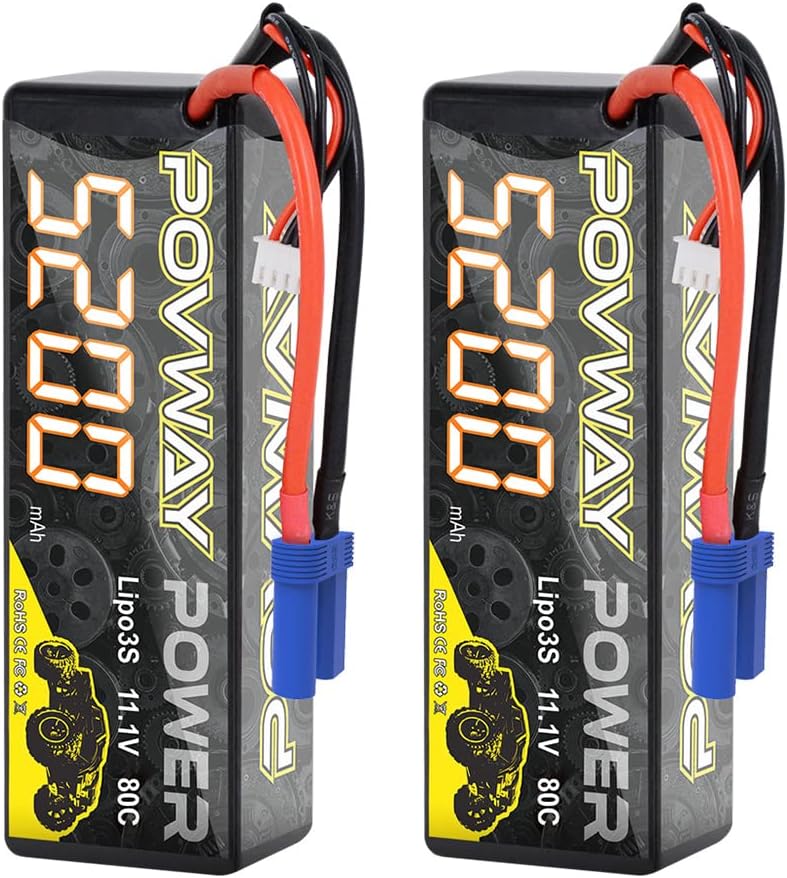 POVWAY 3S Lipo Battery 5200mAh 11.1V 80C EC5 Plug Hardcase RC Battery for RC Car Boat Truck Helicopter Airplane RC Model(2 Packs)