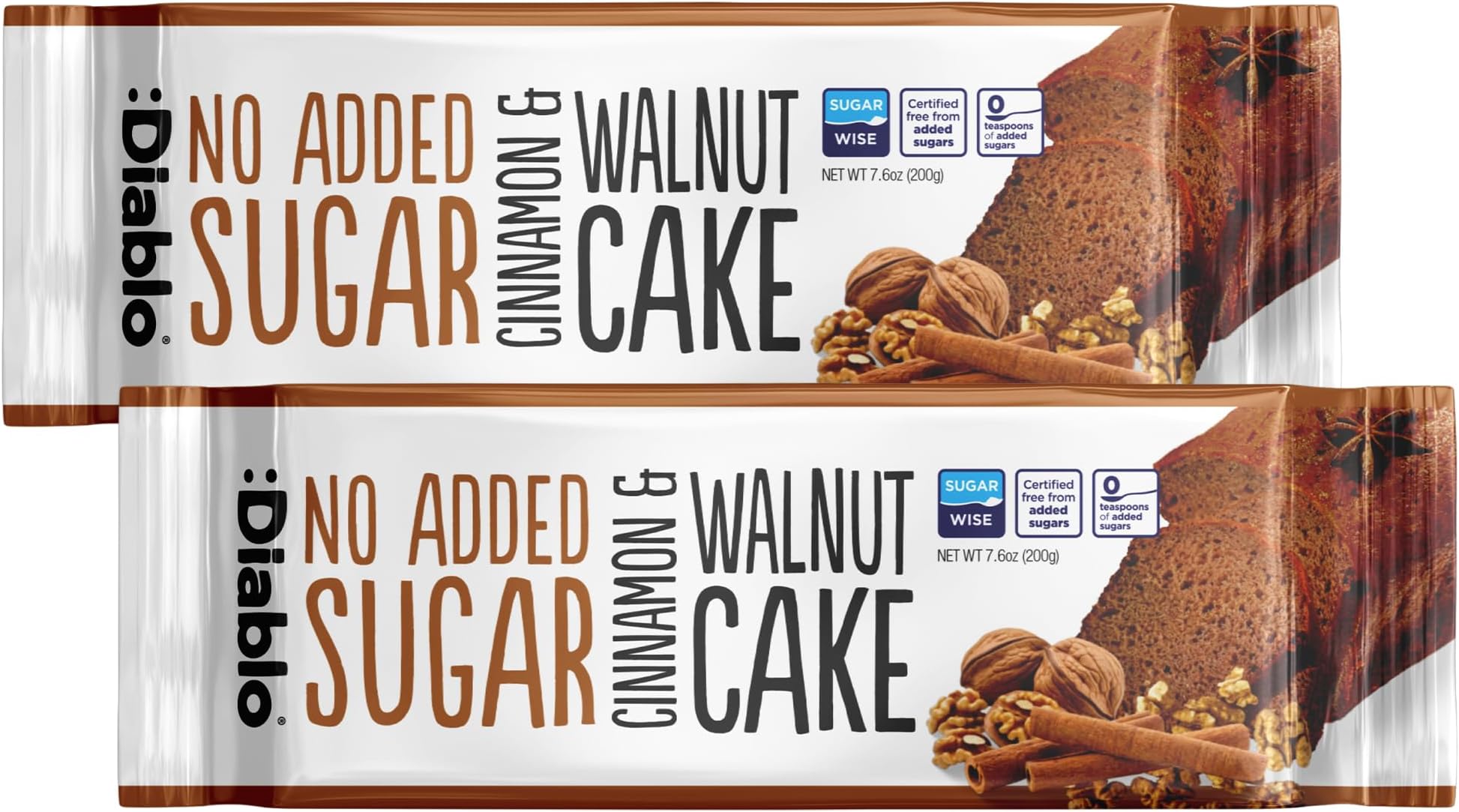 Diablo No Added Sugar Cinnamon & Walnut Cake – Healthy Snacks Sweet Treat, Cakes and Desserts for All, Ideal for Snack Time, Tea & Party Treat, Halal & Kosher Approved – 200g (Pack of 2)