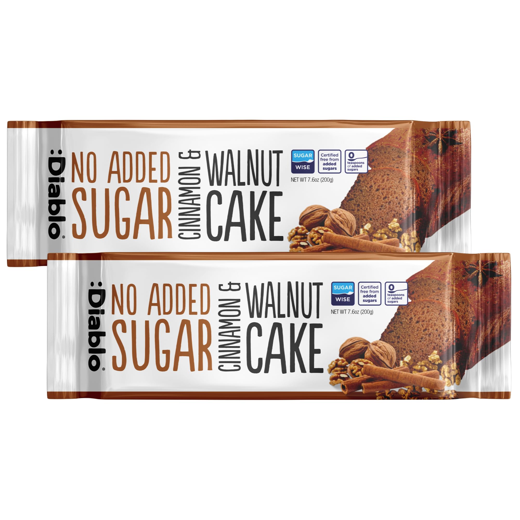 Diablo No Added Sugar Cinnamon & Walnut Cake – Healthy Snacks Sweet Treat, Cakes and Desserts for All, Ideal for Snack Time, Tea & Party Treat, Halal & Kosher Approved – 200g (Pack of 2)