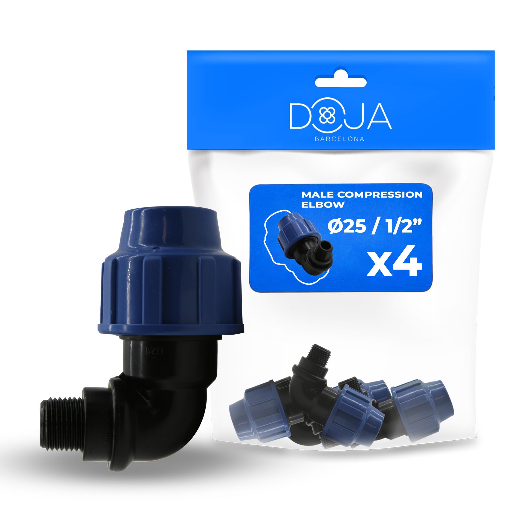 DOJA Barcelona Elbow Compression Male PP 90º – Pack 4-25 x 1/2 Inch – MDPE Polyethylene Pipe Union, Waterproof Threaded Connector, Easy Installation, Resistant, Ideal Garden Irrigation and Water