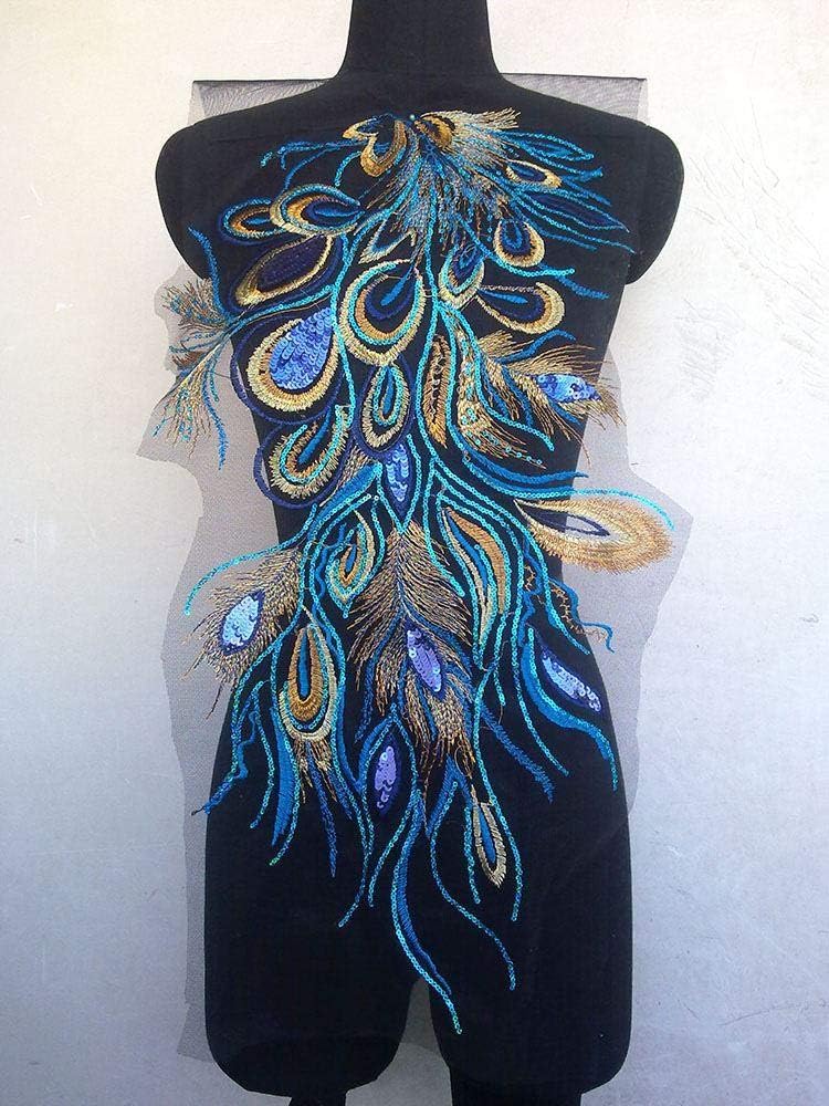 Phoenix Feather DIY Patch Sequin Embroidery Applique Peacock Patches Fabric for Classic Evening Dress Chinese Qipao 36x63cm (Blue)