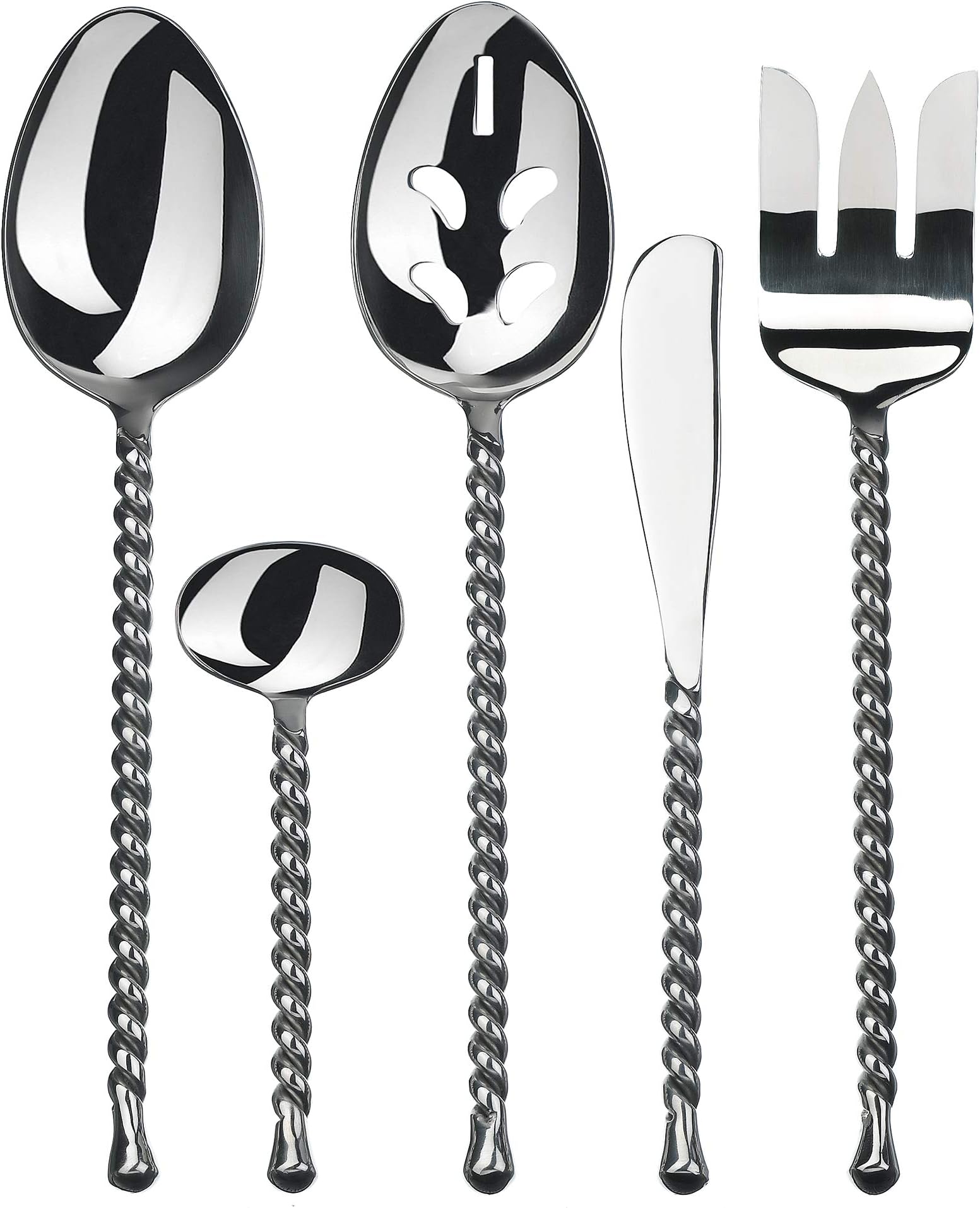 5-Pieces Hostess Silverware Set - Silver Tear Collection - Polished Metal Flatware Serving Set - Stainless Steel Kitchen Utensils Knife/Fork/Spoons
