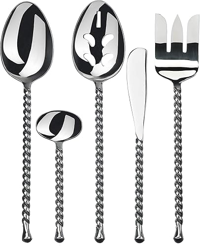 Gourmet Settings - Juego de cubiertos de anfitriona de 5 piezas - Colección Silver Tear - Juego de cubiertos de metal pulido - Utensilios de cocina