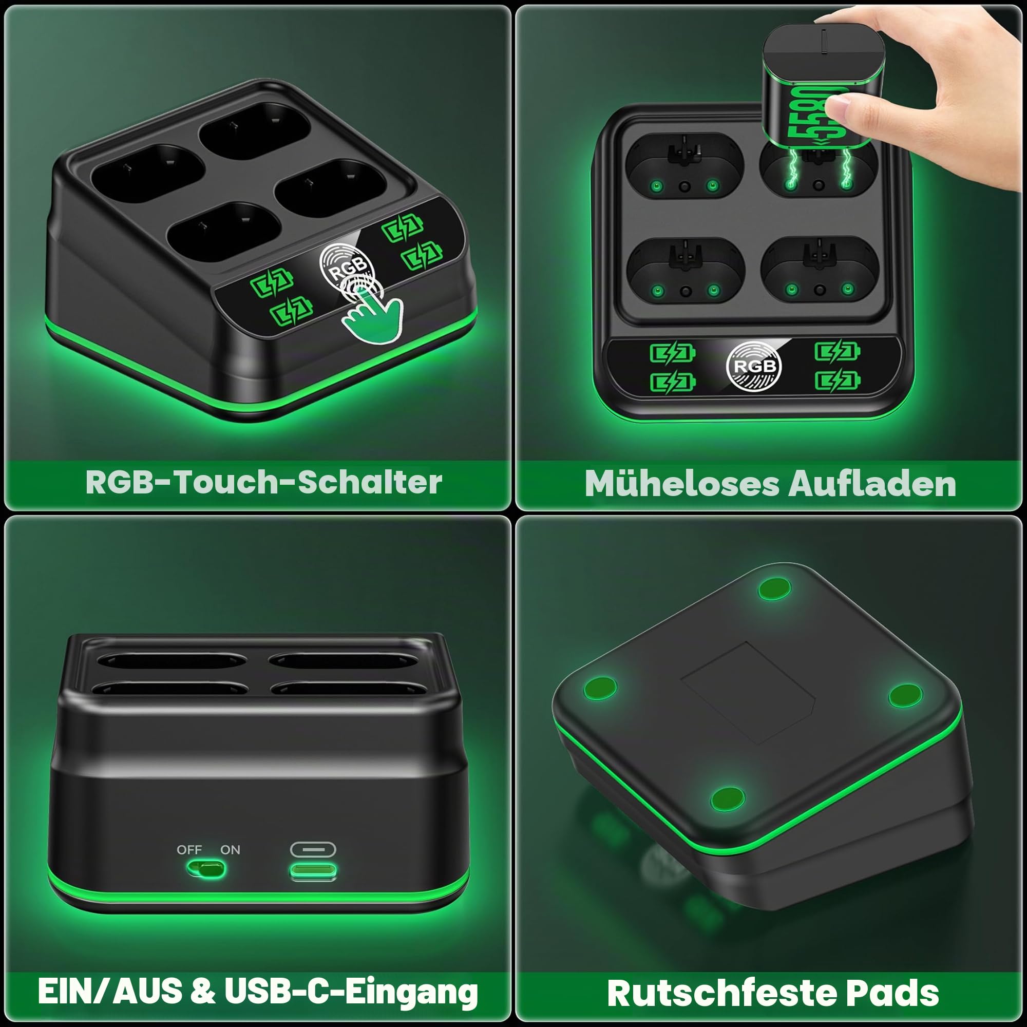 4 x 5580 mWh Xbox Controller Akku mit 9 RGB Licht für Xbox One/Xbox Series X/Series S/Xbox One X/S Controller, 2.5 Stunden Schnelllade wiederaufladbaren Xbox Akkus for Xbox One/Xbox Series X|S Skins