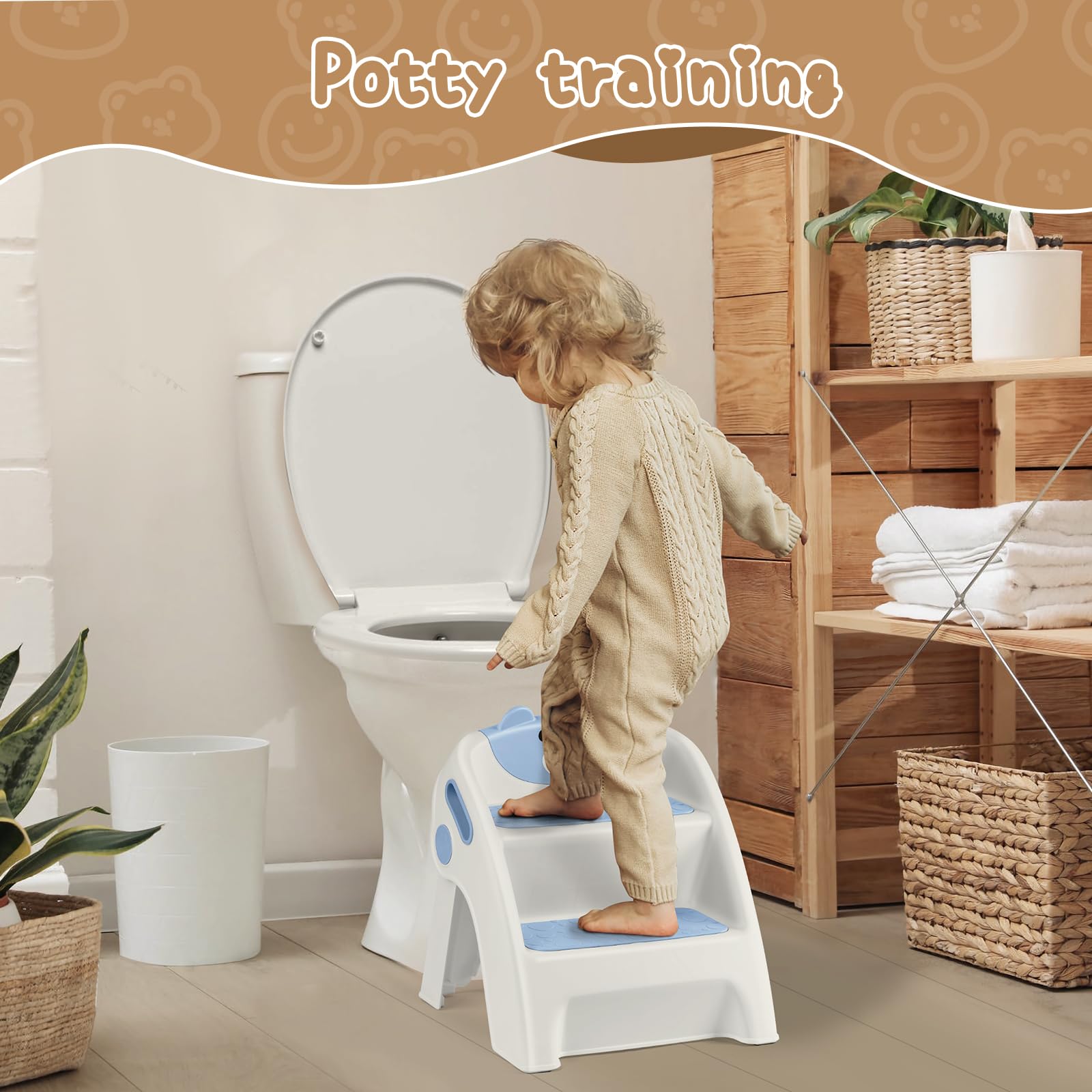 Nookty - Taburete plegable de 2 escalones con diseño de oso lindo para niños pequeños para fregadero de baño y entrenamiento de orinal, taburete antideslizante de doble altura, portátil y fácil de