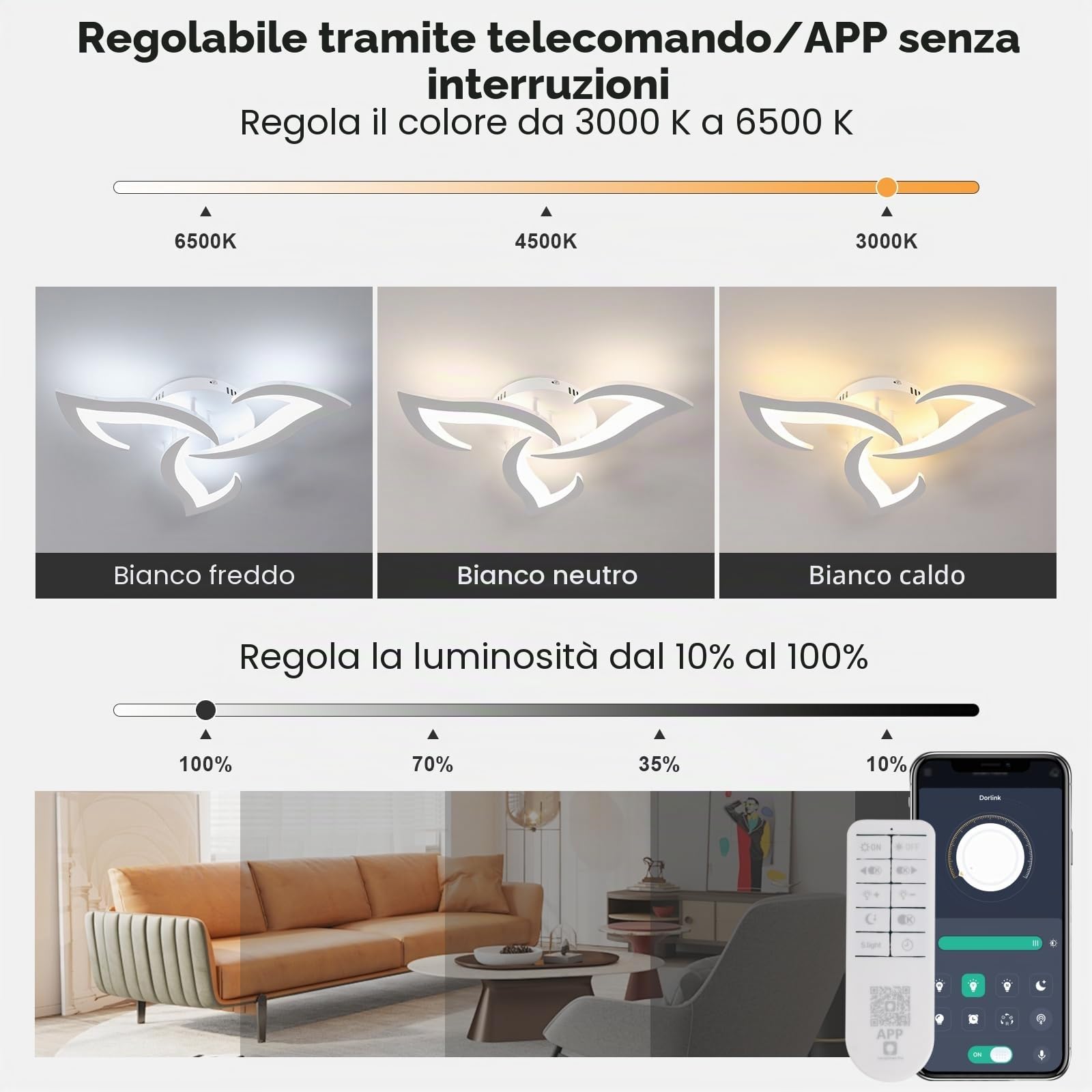 Dorlink Plafoniera LED Soffitto Dimmerabile con Telecomando/APP, 35W 3150LM Lampadario Led Camera da Letto, 3000K-6500K Lampadari LED Cucina Moderna, 3 Luci Plafoniera Fiore Bianco, 58CM