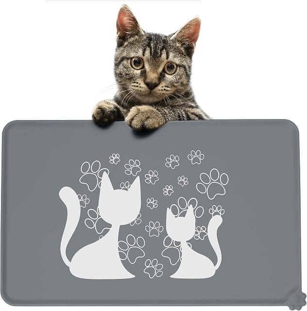 LeashPotato Dog Cat Food Mat Dog Bowl Mat Pet Waterproof Dog Cat Feeding Mat Silicone Non Slip Dog Mat For Bowls (Grey Cat)
