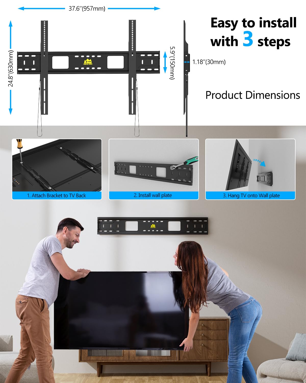 FORGING MOUNT Supporto fisso da parete per TV a 3 perni, per TV da 55 a 120 pollici, supporto per TV a basso profilo a 3 perni, staffa universale ultra sottile, compatibile con perni da 16"/18"/61 cm