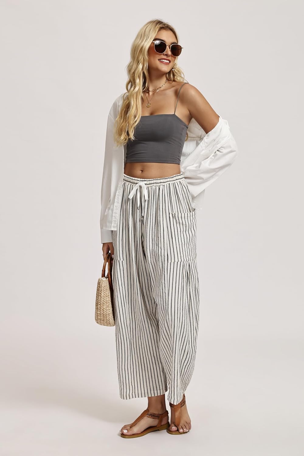 LOMON Womens Wide Leg Linen Pants Casual Drawstring Palazzo Harem Pants Summer Loose Beach Travel Vacation Pants with Pockets - Image 6