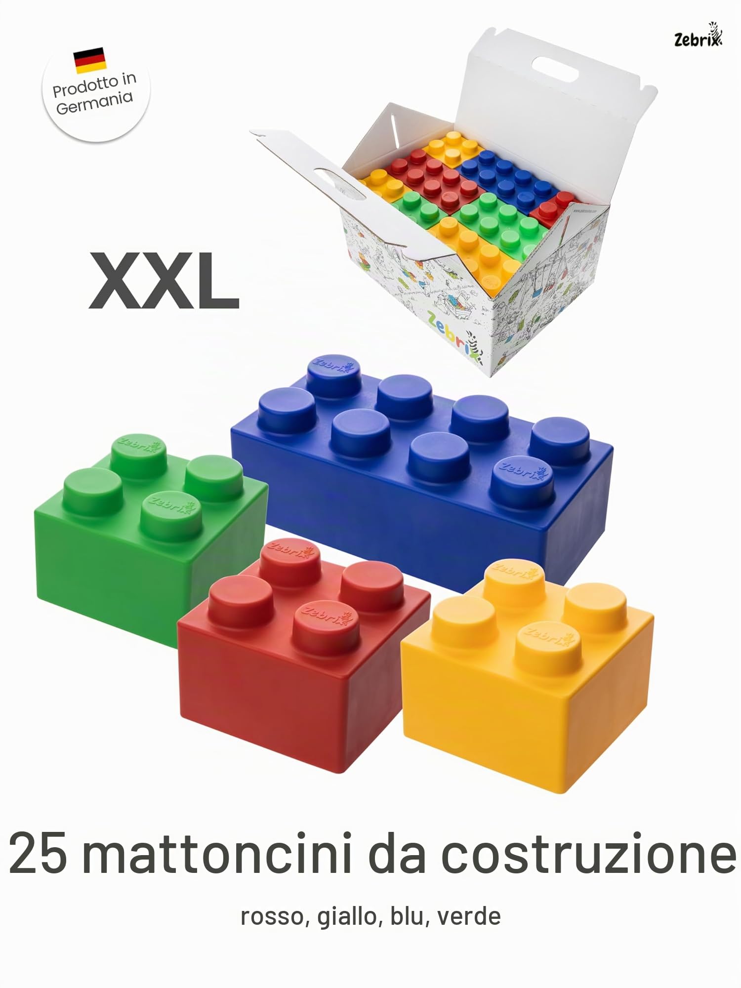 XXL 25 mattoncini da costruzione in 4 colori, grandi blocchi di costruzione in rosso, verde, blu e giallo (25 pietre), per neonati e bambini, prodotti in Germania