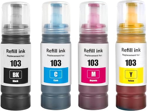 Go Inks Set of 4 Ink Bottles to replace Epson 103 Compatible/non-OEM for EcoTank Printers,Black, Cyan, Magenta, Yellow,70ml