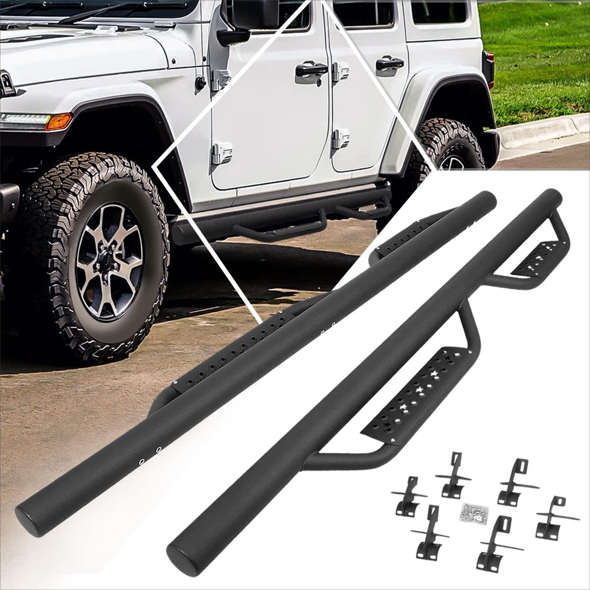 (2Pcs) 3 Inch Round Tube Nerf Step Bars Side Steps w/Drop Step Pad Compatible with 18-24 Jeep Wrangler JL 4-Dr