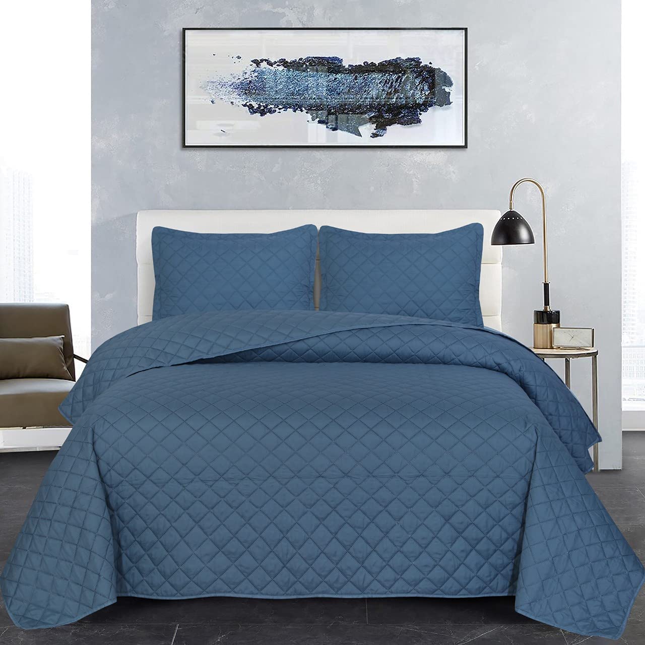 B&B Double Bedspread Bed Throw Embossed Pattern Reversible Quilted Bedspread Set with 2 Pillow Shams - Decorative Quilt Coverlet Bedding Set, Blue