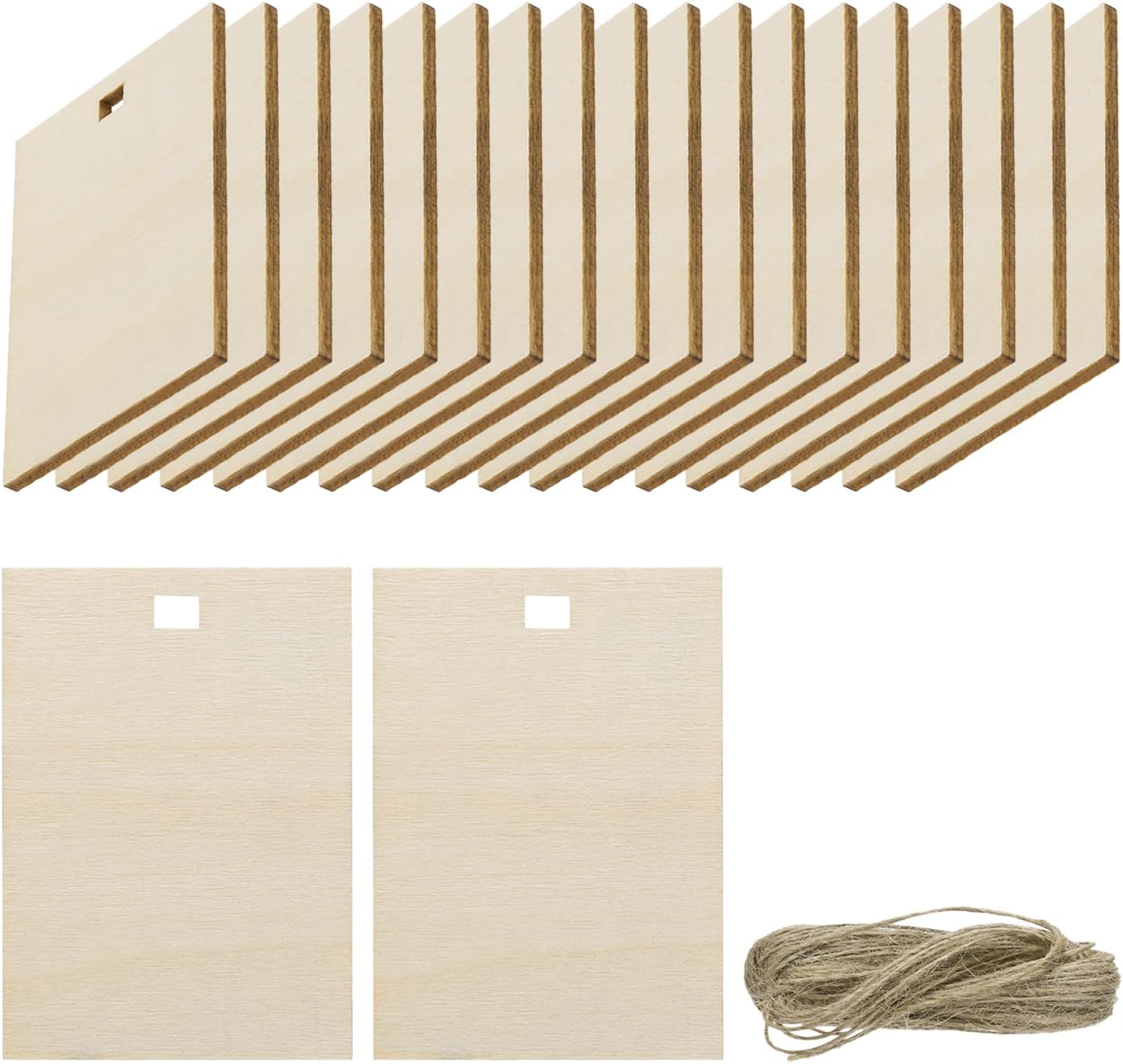 uxcell 20pcs Right Angle Rectangle Blank Wood Tags with Hole 3.5 x 5.5 Inch Unfinished Wood Pieces Wooden Gift Tags with 32.8 Ft Rope for Craft Projects, Hanging Decorations, Gift Making