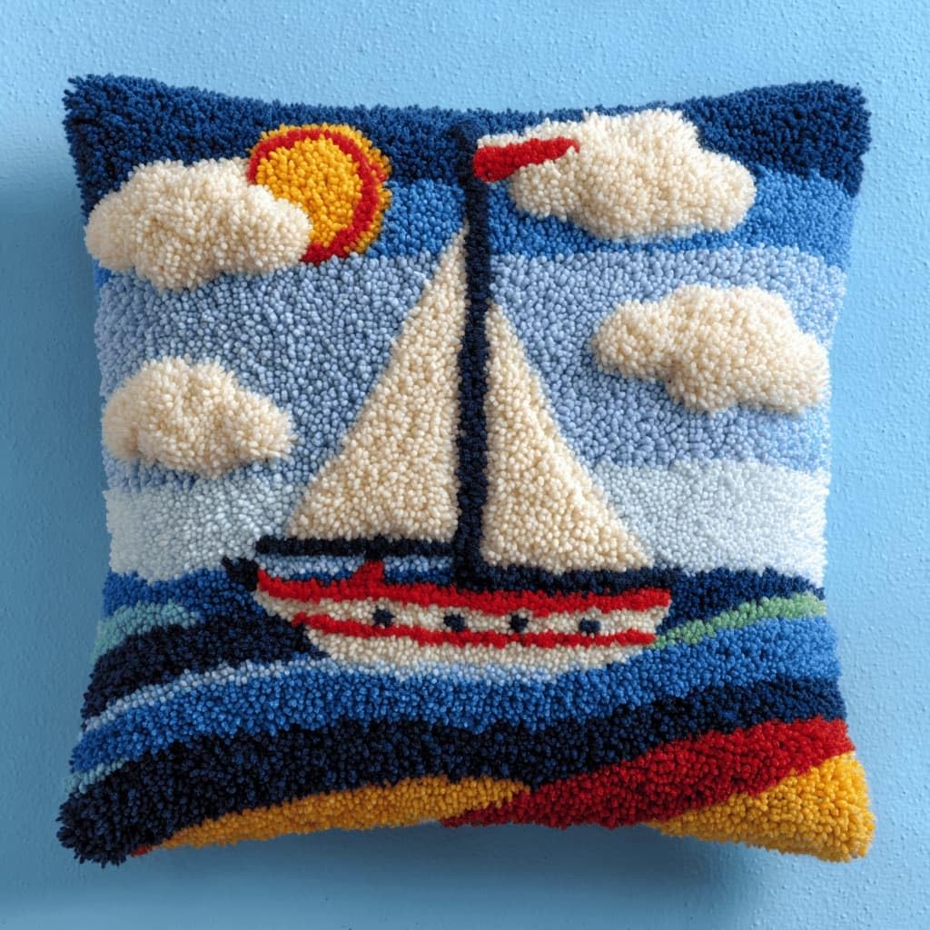 Latch Hook Pillow Kit For Adults,Sailboat 17X17In Latch Hook Kit For Pillow Cover With Instruction For Beginner Cross Stitch Sofa Cushion Cover With Crochet Yarn For Beginners And Home Decor