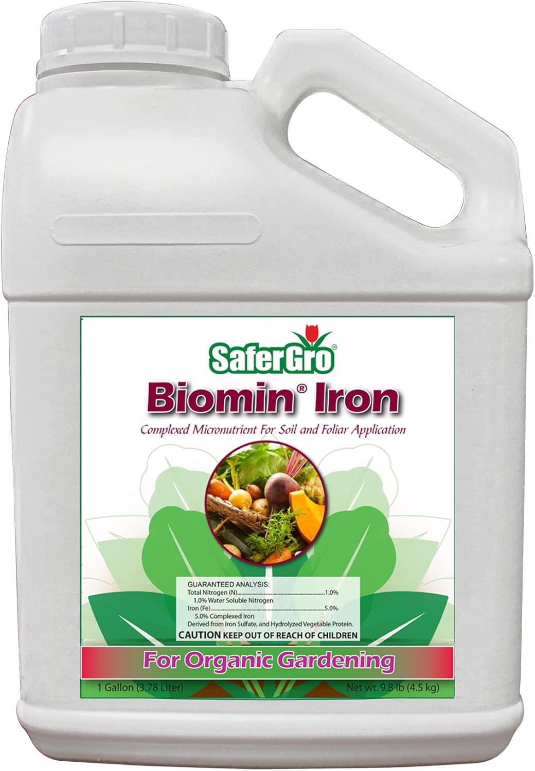 SaferGro Biomin® Iron, Organic Liquid Fertilizer, Complexed Iron for Iron Deficiency or Supplement, Soil and Foliar Application, 1 Gallon