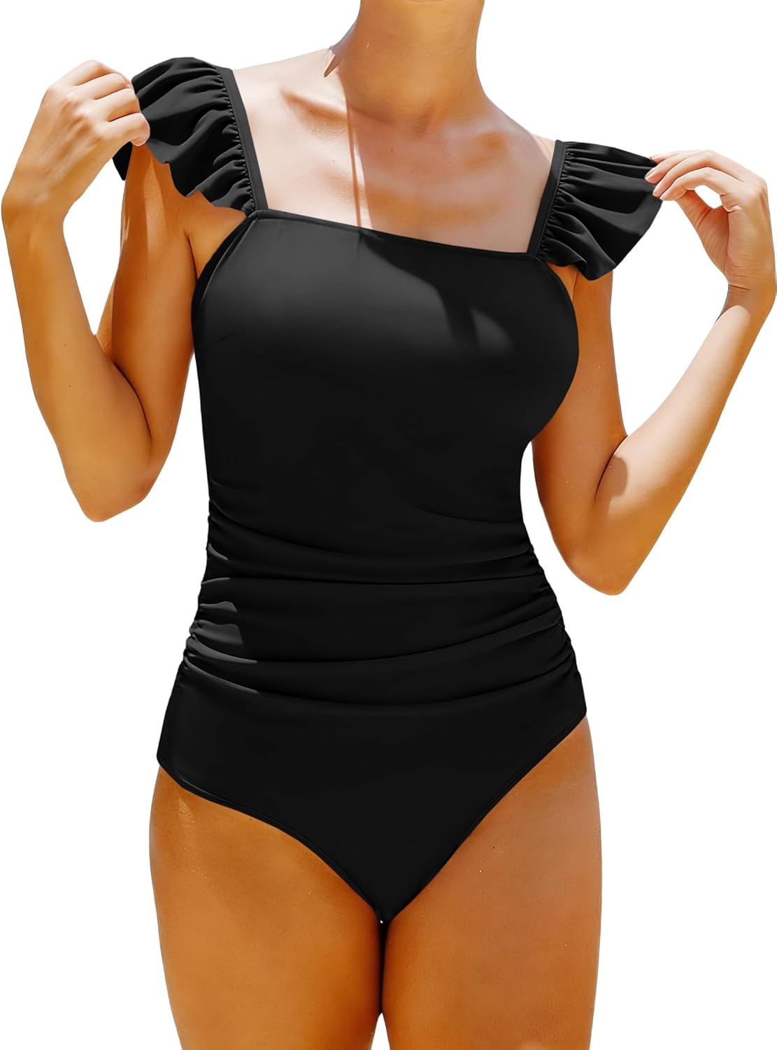 Hilinker Womens Ruffle One Piece Swimsuits Ruched Tummy Control Bathing Suits Floral Swimwear