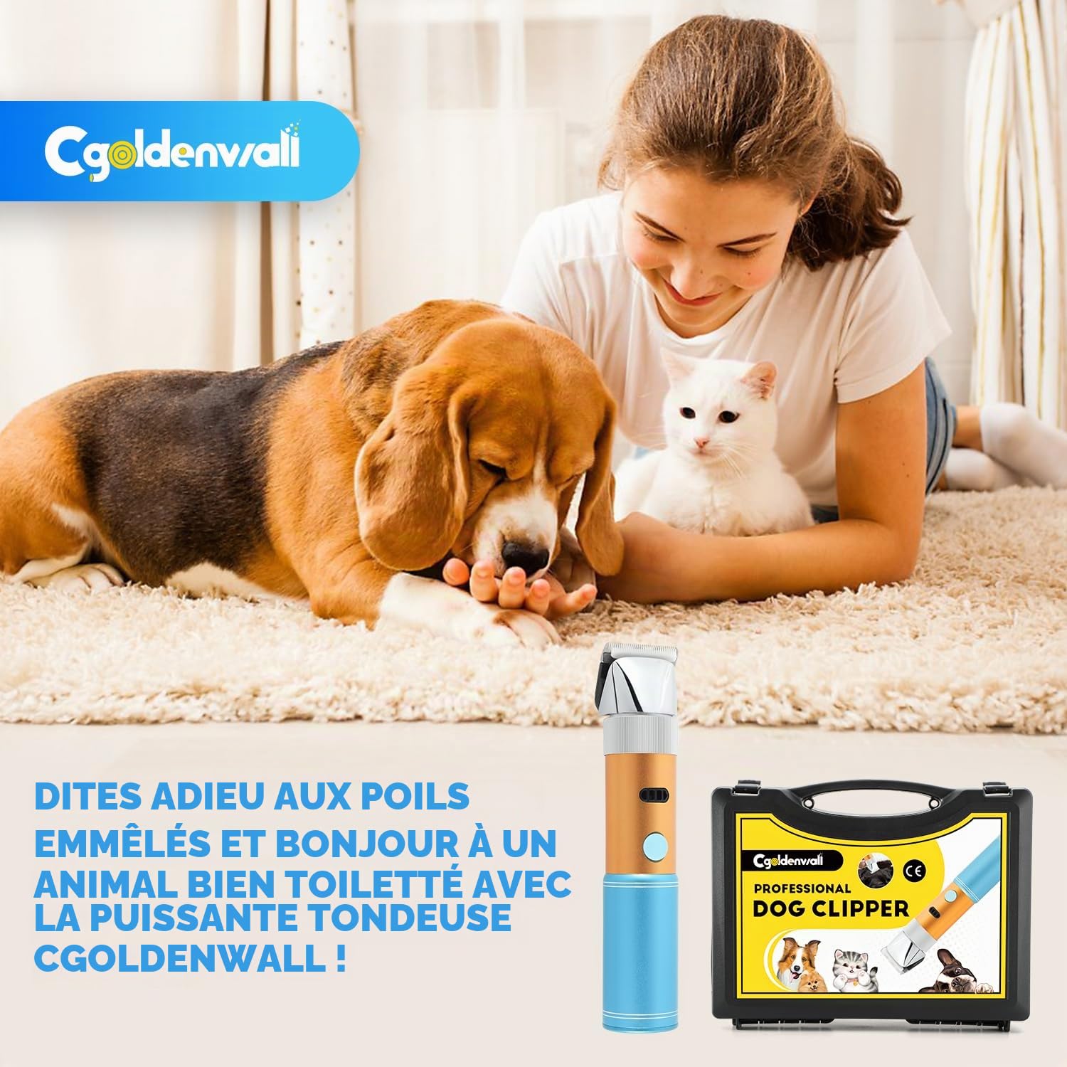 CGOLDENWALL 400W Tondeuse Chien Tondeuse à Moutons Électrique Rechargeable Tête de Coupe Peigne Limite Intégrés Amovible 5H en Veille Faible Bruit (3MM+6MM) | Professionnelle, <50dB, 5h Veille, Rechargeable, Anti-Poils Longs, Tous Poils