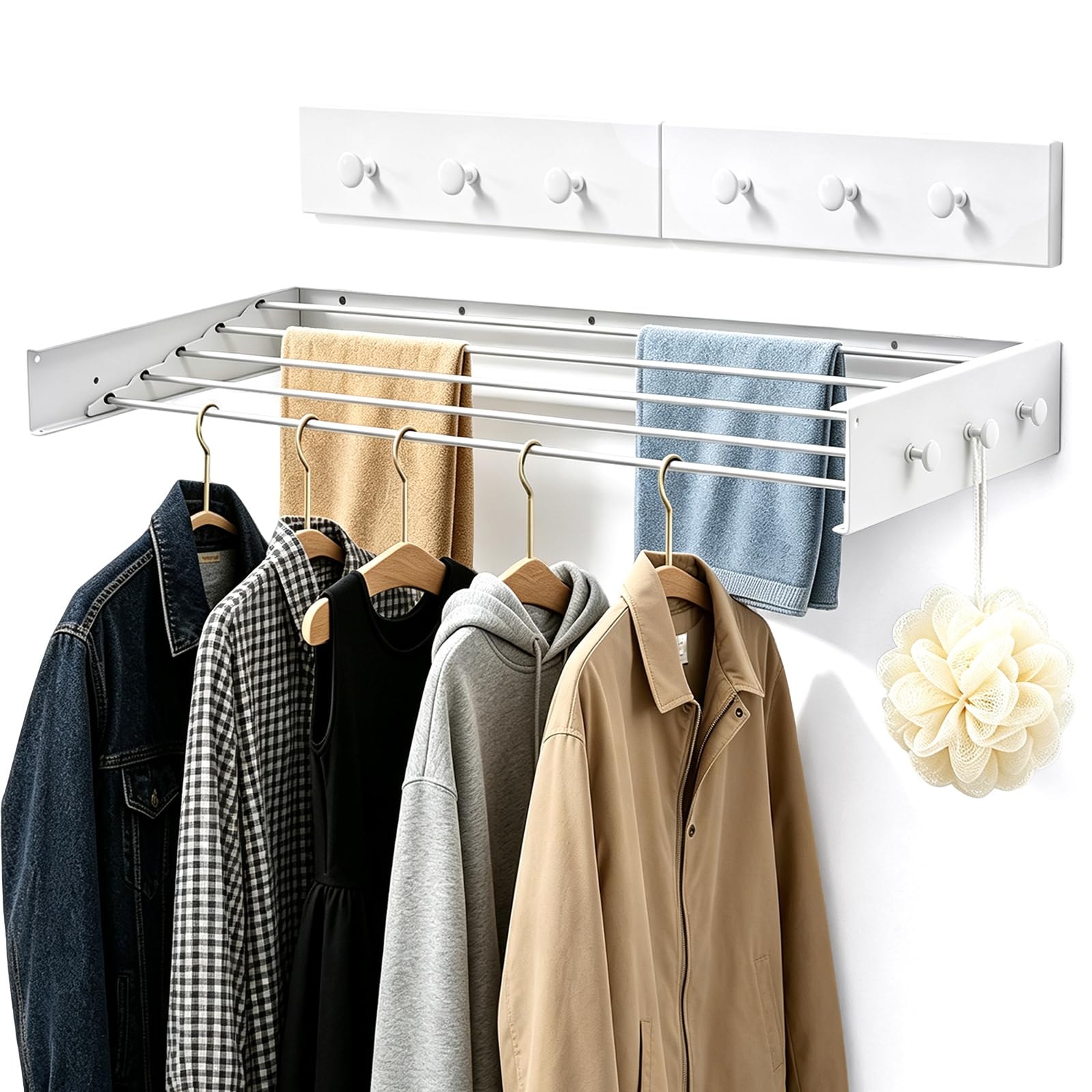 Stendibiancheria Estensibile Da Parete Da 80cm Con 6 Ganci Stendibiancheria In Alluminio Per Balcone Bagno O Termosifone Invisibile E Salvaspazio Supporta Fino A 30 Kg Bianco