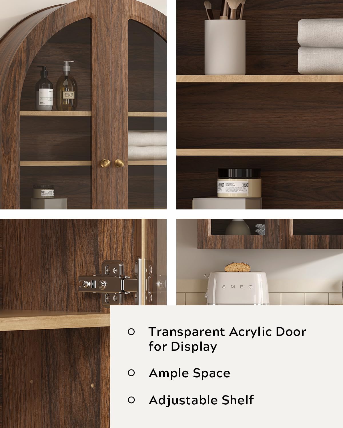 Large Arched Bathroom Wall Cabinet Wooden Medicine Cabinet with Acrylic Doors Farmhouse Wall Mounted Cupboard Display Storage Organizer for Laundry Room, Dining Room, Brown