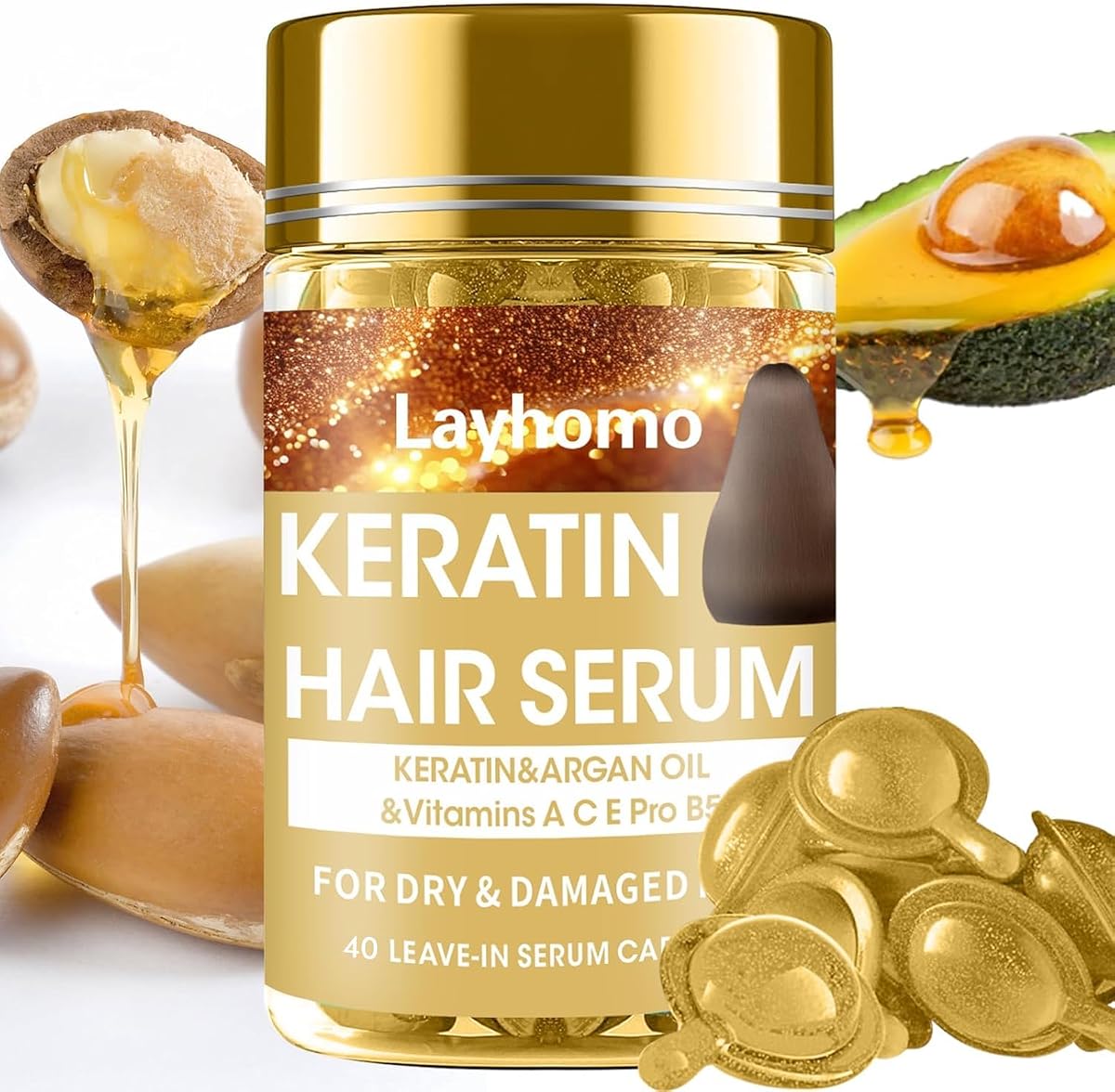 Suero de tratamiento para el cabello con queratina, tratamiento de suero para el cabello seco y dañado, cápsulas de aceite para el cabello con queratina, acondicionador antiencrespamiento sin enjuague con aceite de argán con vitaminas A, C, E y B5, sin enjuague para todo tipo de cabello