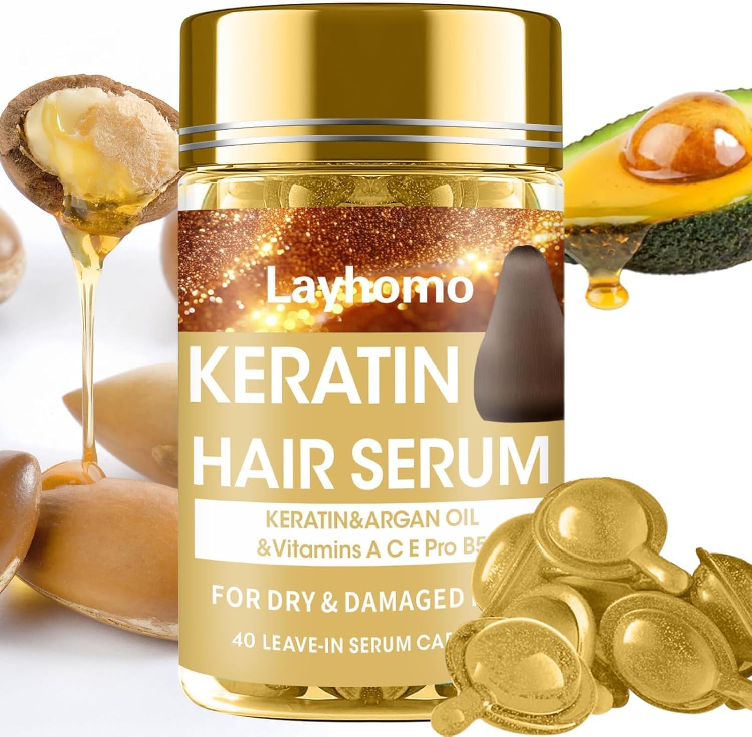 Hair Treatment Serum, 60 Capsules Hair Treatment Oil for Dry Damaged Hair, Hair Oil with Leave-In Anti-Frizz Conditioner with