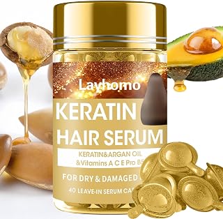 Layhomo Keratin Hair Treatment Serum Capsules with Argan Oil & Vitamins A,C,E,B5 - Leave-In Anti-Frizz for Dry Damaged Hair, All Types