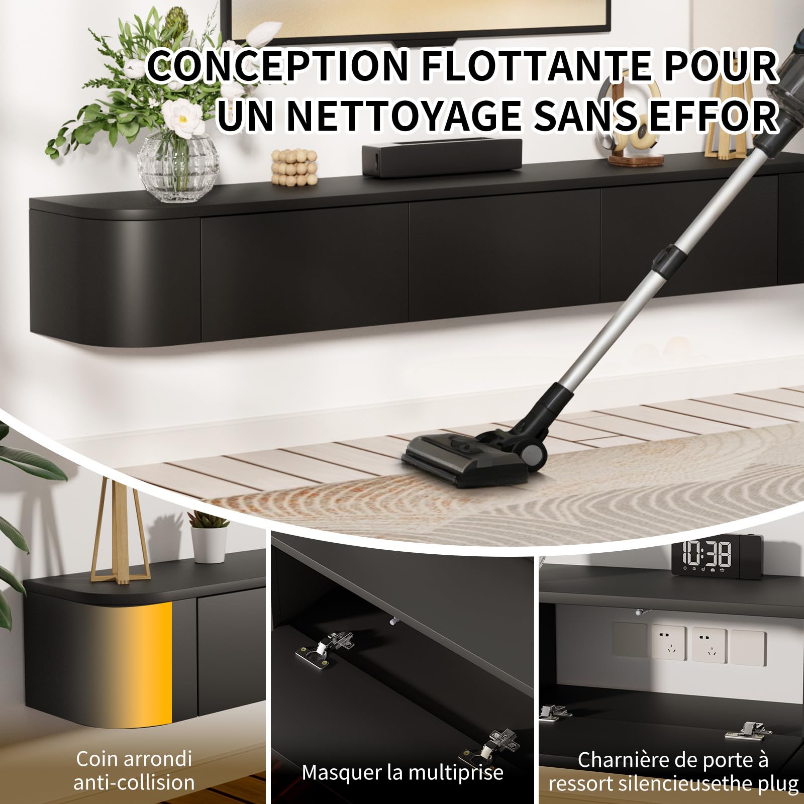 Meuble TV Suspendu 140 Cm Meuble TV Mural avec Rangement de Grande Capacité Table TV Multimédia TV Console Meuble avec Portes et Tiroirs pour Chambre Salon, Noir