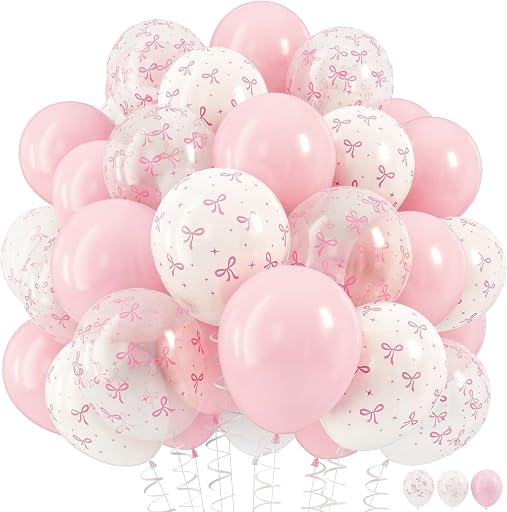 HILAVO HILAVO Pink Bow Balloons, 12 Inch Pastel Light Pink Transparent White Bow Print Coquette Balloon for Girls Women Birthday Bachelorette Party Bridal Baby Shower Wedding Anniversary Decorations Supplies