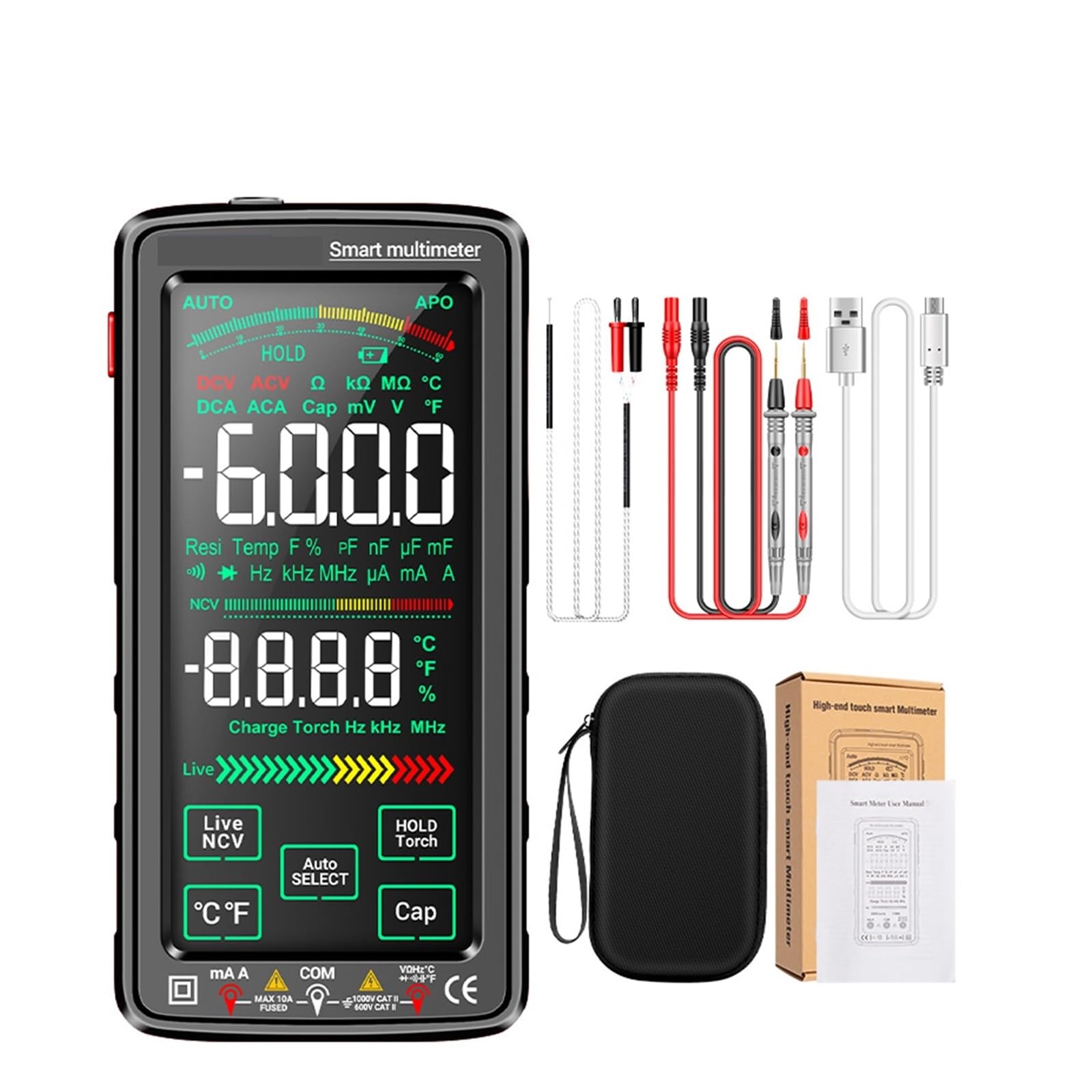 Multimetro Intelligente 6000 Conteggi NCV Tester Di Tensione Di Corrente AC/DC Senza Contatto Misuratore Universale Di Diodi Di Resistenza(683 Black)