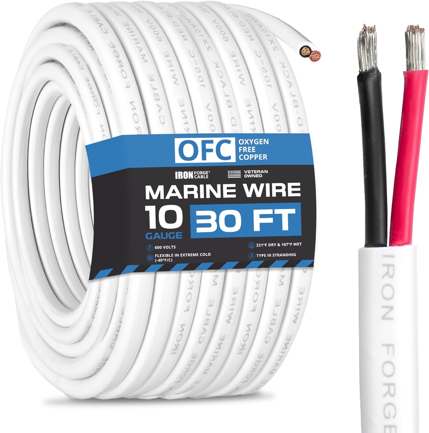 Iron Forge Cable Marine Wire - Tinned Copper Wire - Wire for Boat Wiring, AWG Duplex Marine Grade Outdoor Wiring for Boat, Dock, RV, Solar, & Automotive