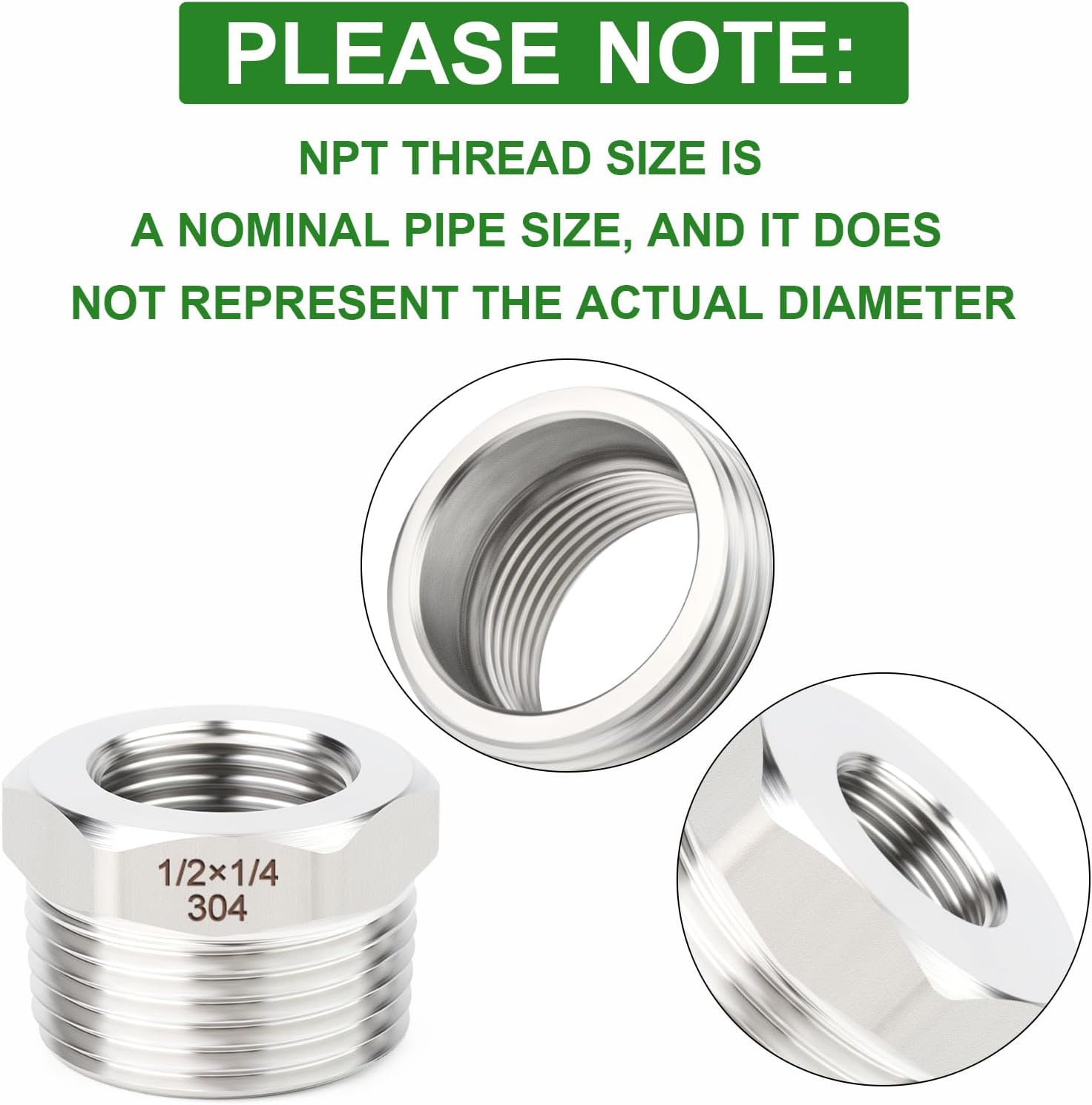 5PCS 304 Stainless Steel New Reducer Hex Bushing, 1/2" NPT Male x 1/4" NPT Female, Reducing Pipe Adapter Fitting