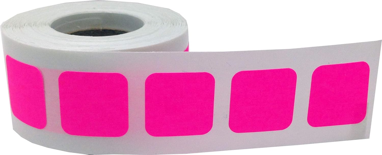 Fluorescent Pink Square Color Coding Labels - 3/4 Inch Square Dots, 500 Total Adhesive Stickers on a Roll for Inventory and Organization - Made in the USA