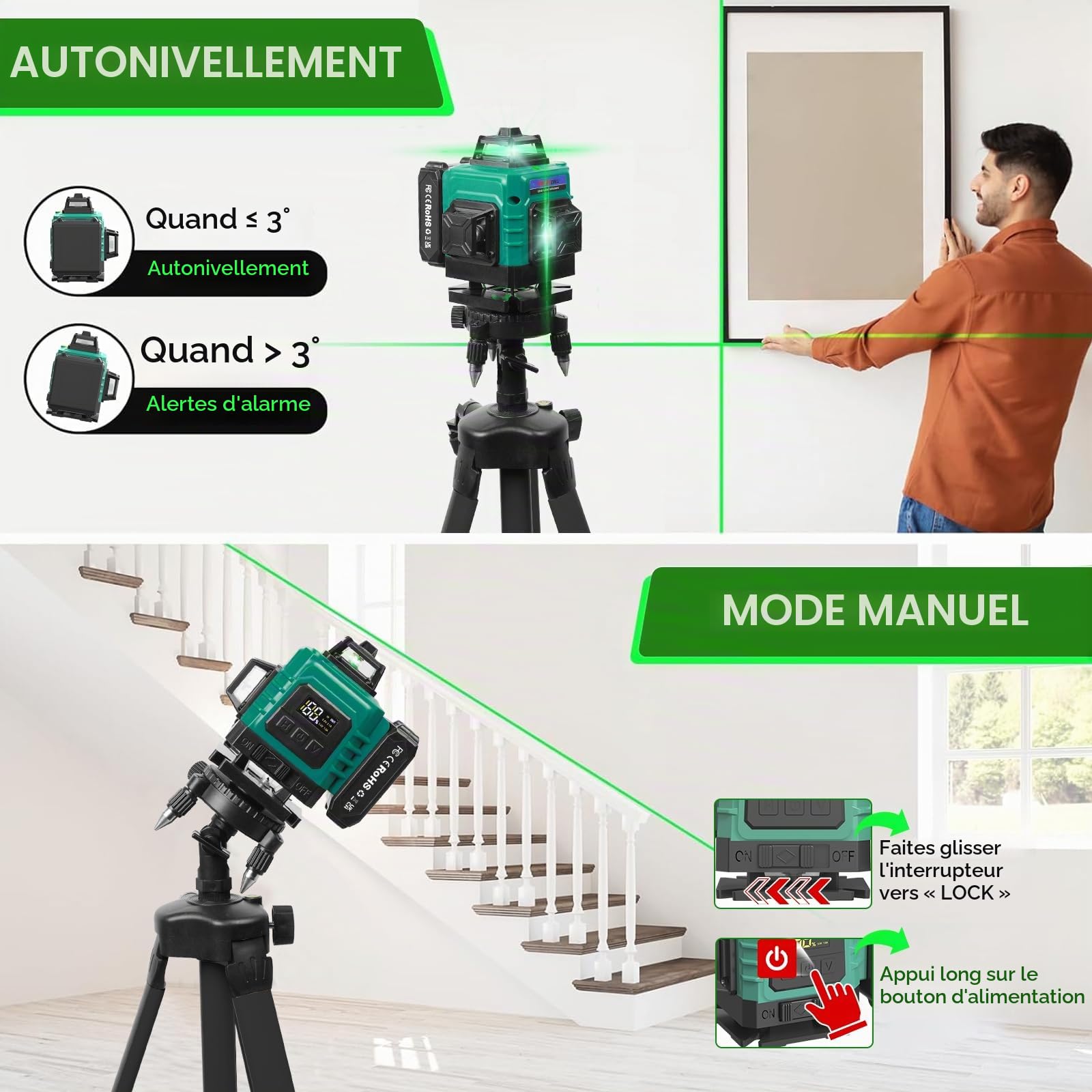4 x 360° Niveau laser avec Trépied - Niveau Laser 4D 16 Lignes Auto-nivelant,3600mAh Piles,Laser Chantier Vert Étanche et Anti-poussière,avec Télécommande,pour Chantier de Construction,Intérieur