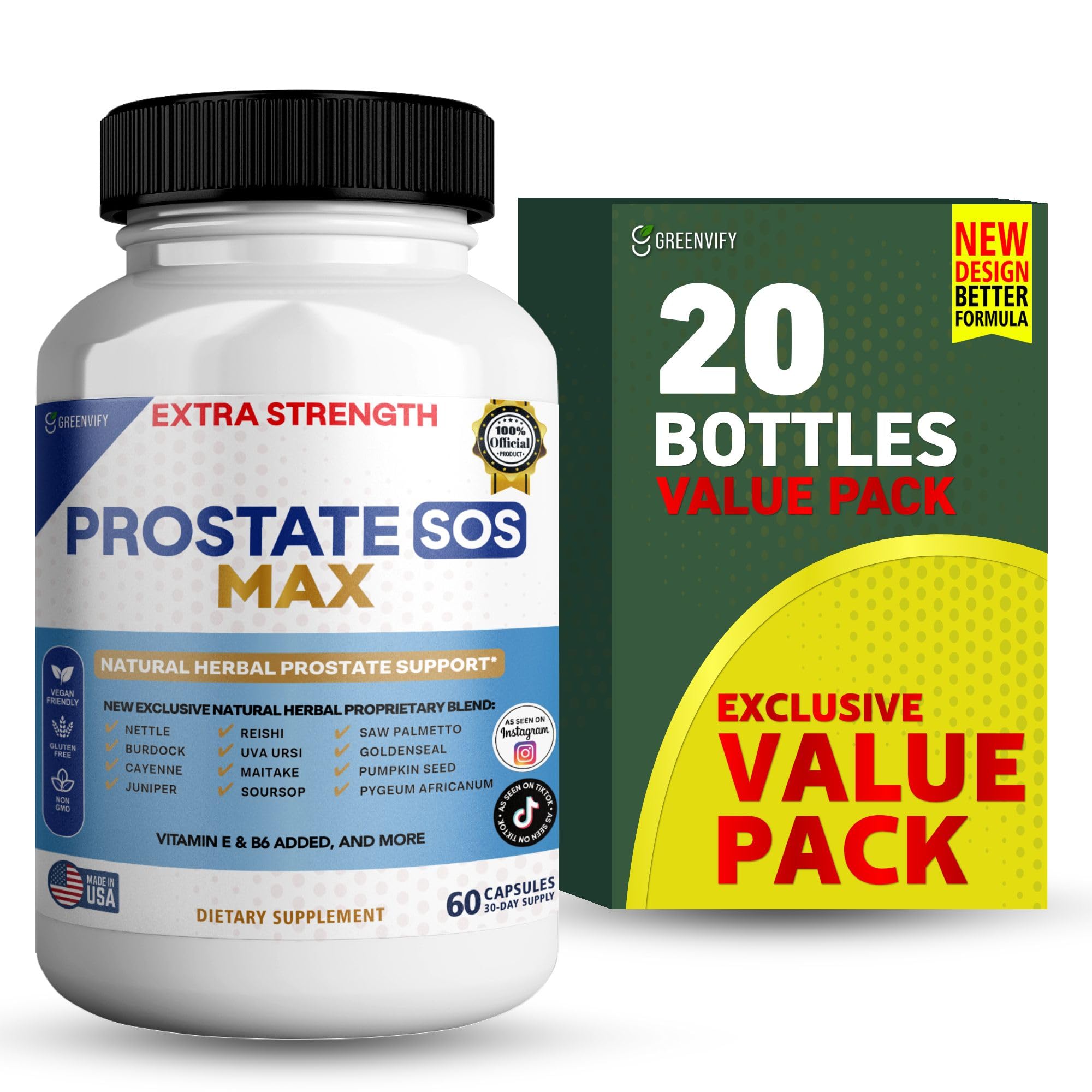 Prostate SOS Max Supplement 60 Capsules Natural Herbal Complex with Saw Palmetto Vitamin E B6 30-Day Supply 20