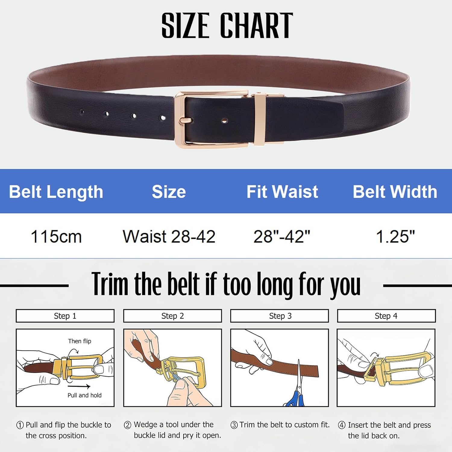 Men's Reversible Leather Belt, Gold Buckle Black Dress Belts for Men Fit Waist 28"-42" - Image 2