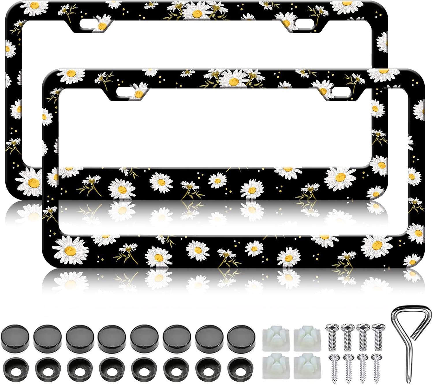 White Daisy License Plate Frames - 2 Pack Cute Flower Personalized License Plate Holder, Stainless Steel Rust-Proof Waterproof Car Decorative Tag Frame with Screws Fasteners Caps