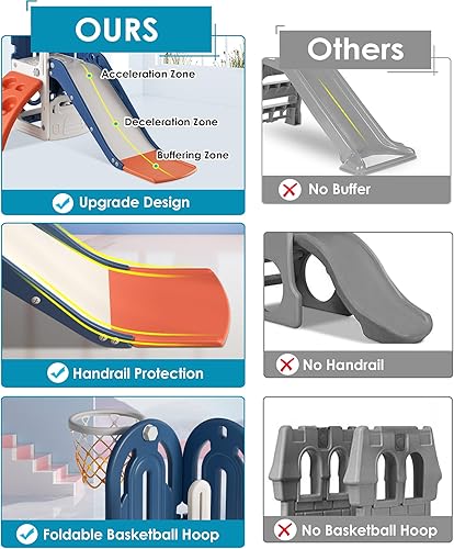 Miniatura 3 de BIERUM Tobogán 4 en 1 para niños pequeños, tobogán temático de escalada para bebés de 1 a 3 años con aro de baloncesto y pelota, tobogán para niños,