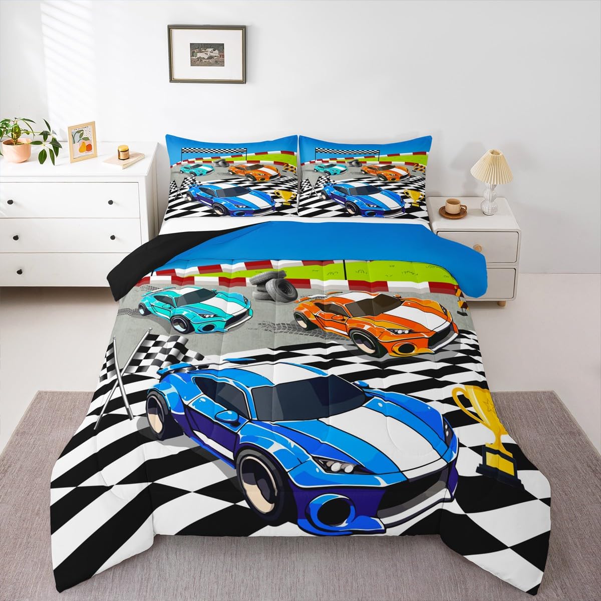 Feelyou Kids Race Car Duvet Insert Queen Size, Blue Orange Racing Comforter Set Sports Cars Bedding Set Boys Girls Teens Bedroom Decor with 2 Pillow Case