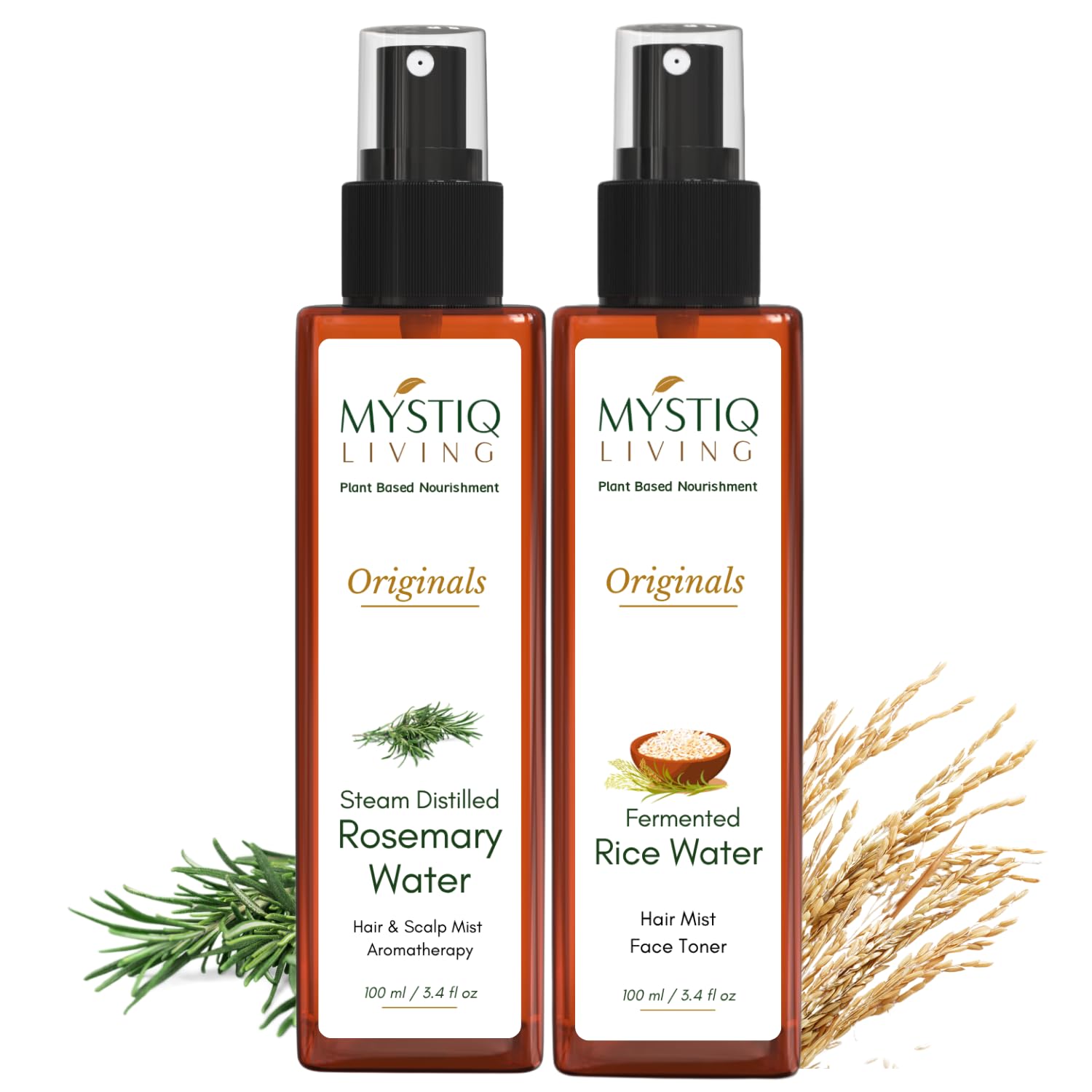 Mystiq Living Rosemary and Rice Water Spray for Hair Growth - Pack of 2(200 ML) | Fermented Rice Water, Steam Distilled 100% Pure and Natural Hydrosol
