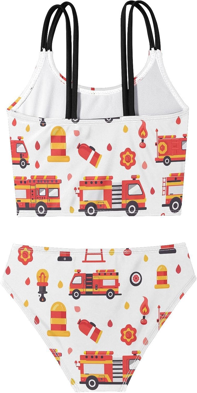 visesunny Girls Two Piece Swimsuits Fire Truck Ladder Pattern Girl's Bikini Sets Bathing Suits for Girls Size 5-12Y