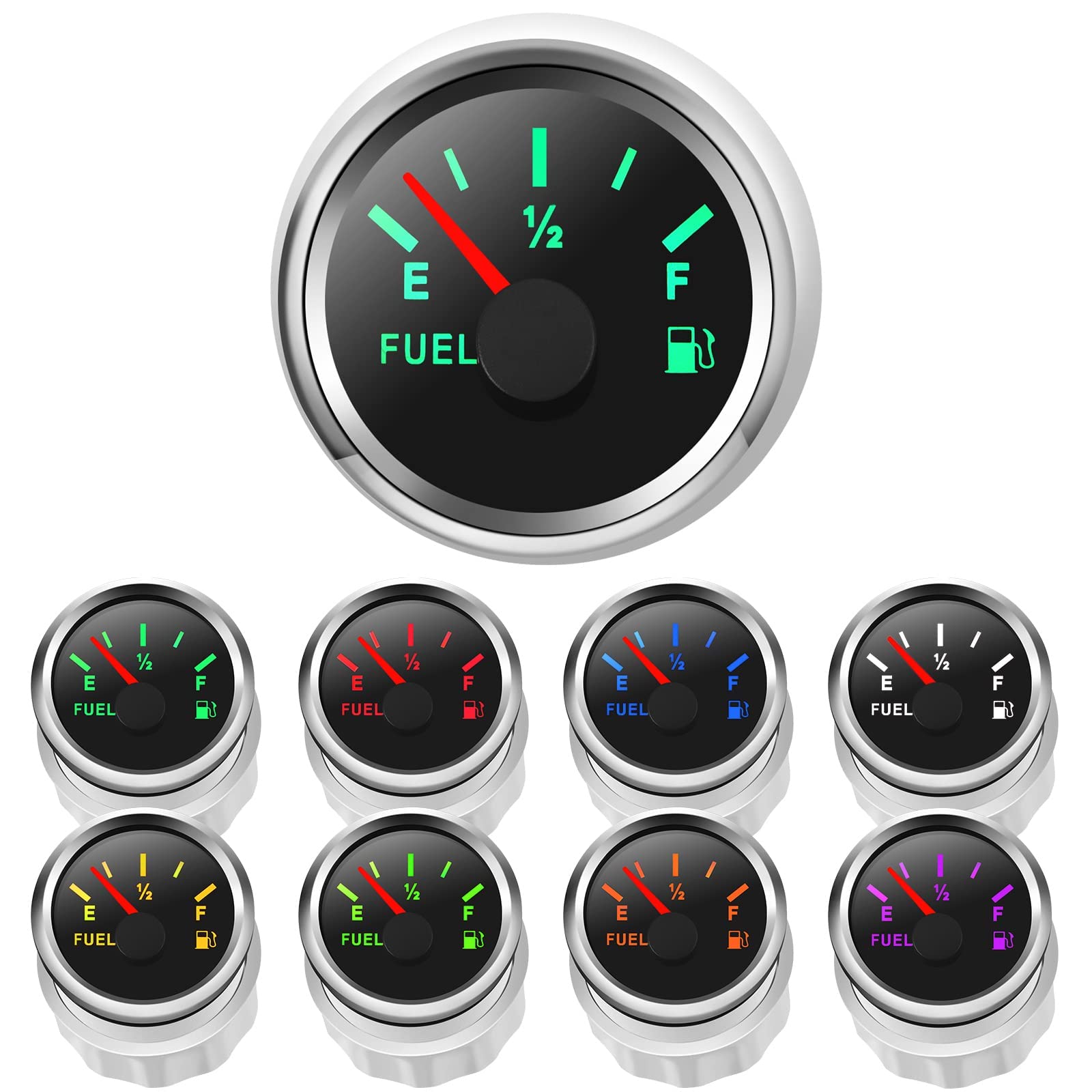 Rupse Jauge de Niveau de Carburant Compteur 52mm IP67 Étanche avec Rétroéclairage réglable en 8 couleurs et E-1/2-F Pointeur pour Voiture SUV Bateau Yacht Camion RV