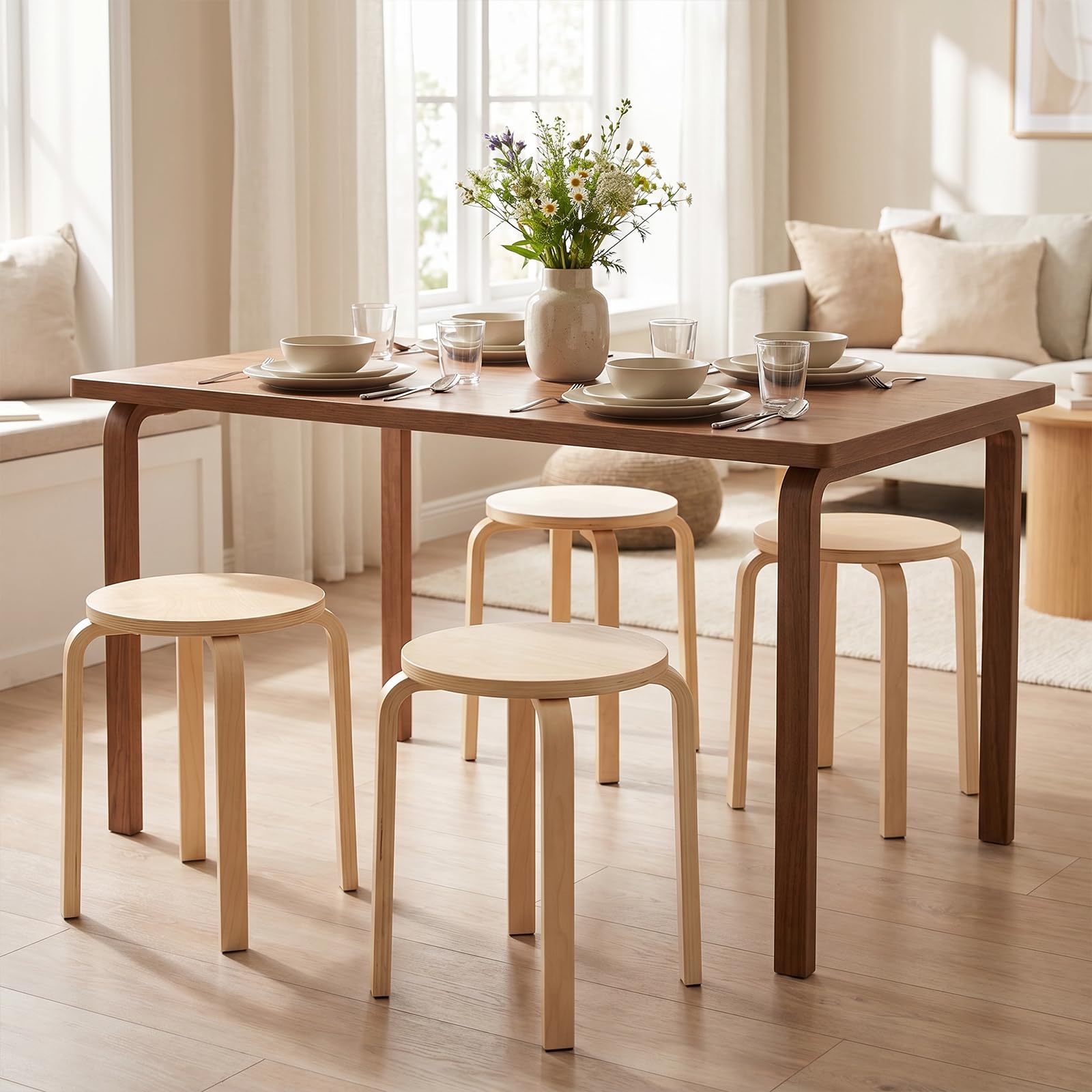 Ensemble de 4 Tabourets Empilables, Chaise de Cuisine et Salle à Manger, Tabourets Ronds sans Dossier pour Chambre à Coucher, Salon, entrée, 35x32x32cm, Naturel