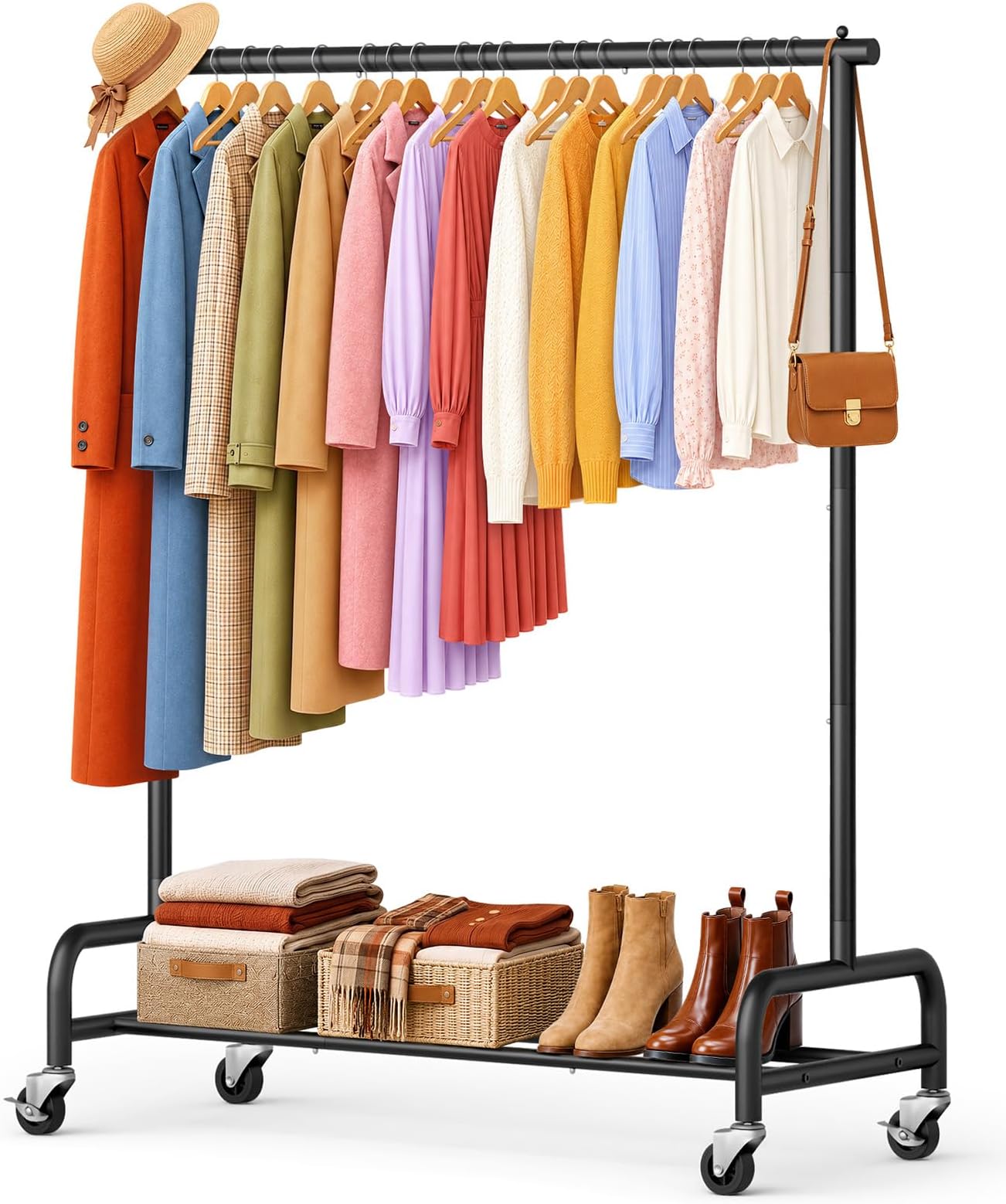 SLEEPING LAMB Heavy Duty Clothing Racks for Hanging Clothes Rack, 43" Wide Rolling Garment Rack Metal Clothing Hanger Rack with Wheels Wardrobe Rack for Coats, Shirts, Dress, (Black)