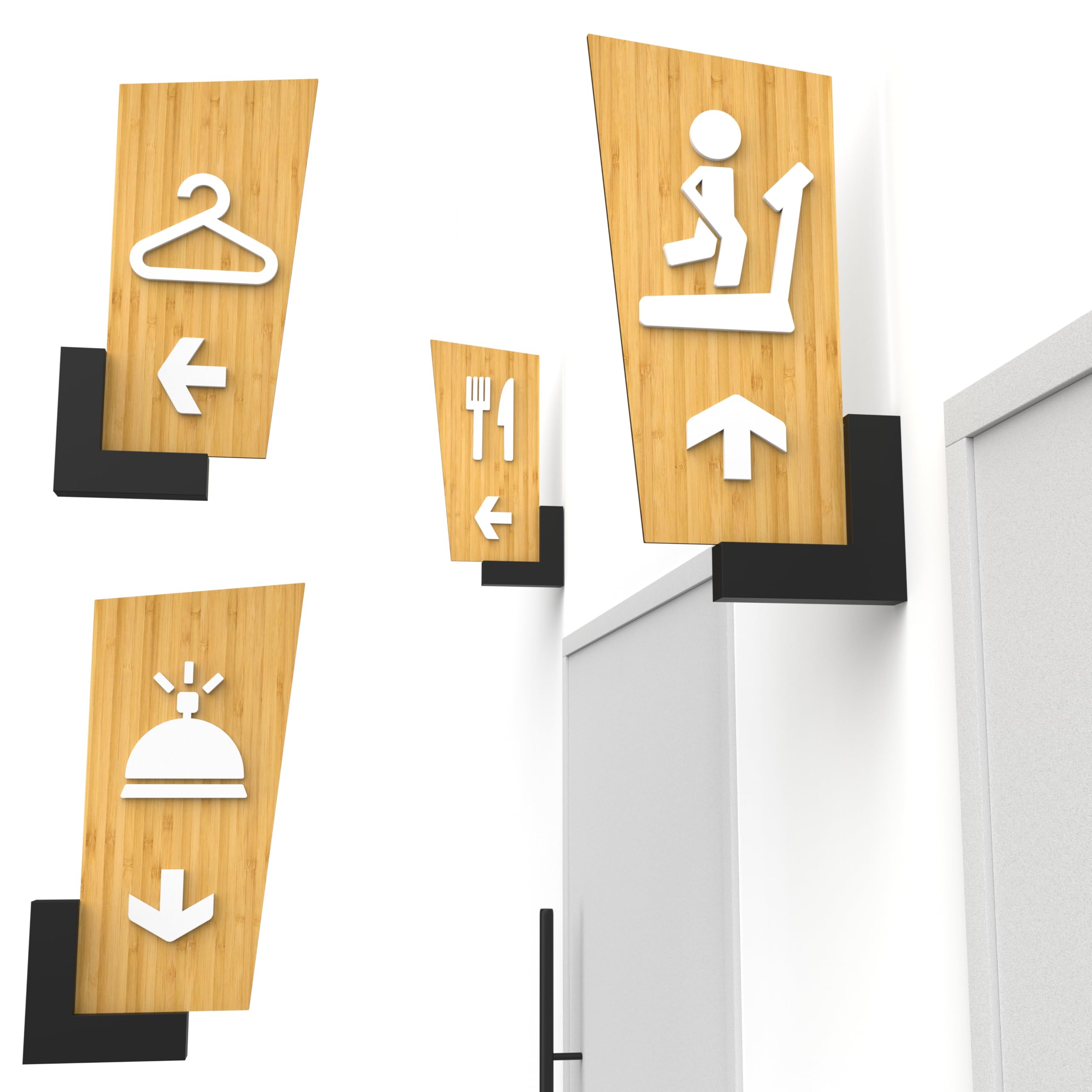 Set de 4 señales direccionales con flechas – 32 cm – Símbolos personalizados: Aseos, Recepción, Comedor, Gimnasio, Vestuario/Camerino – Carteles de pared de doble cara