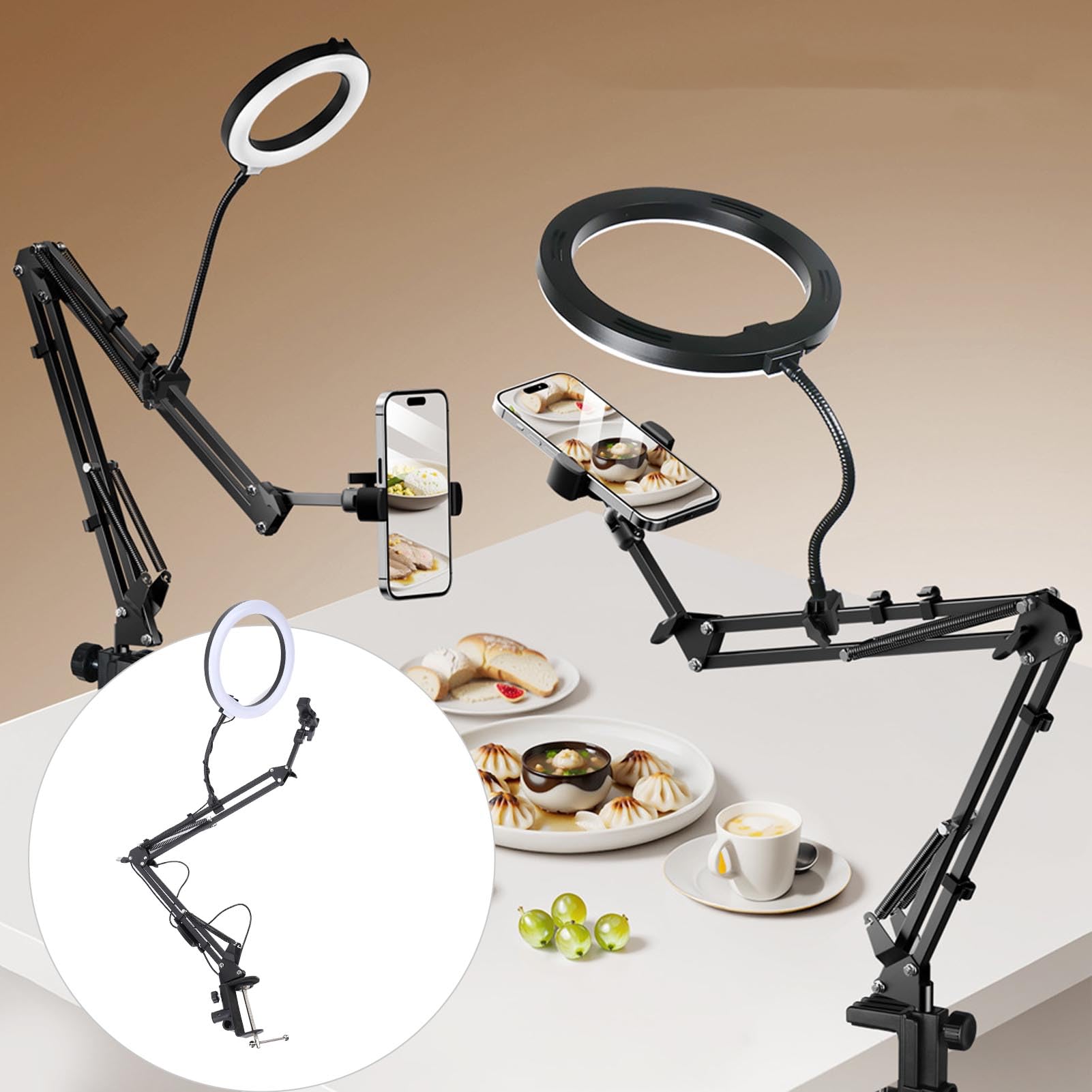 Lampa pierścieniowa umieszczona nad głową z klipsem do telefonu Regulowana lampa pierścieniowa na biurko do makijażu Beauty Nail Art Transmisja na żywo Stop aluminium Plastik 35