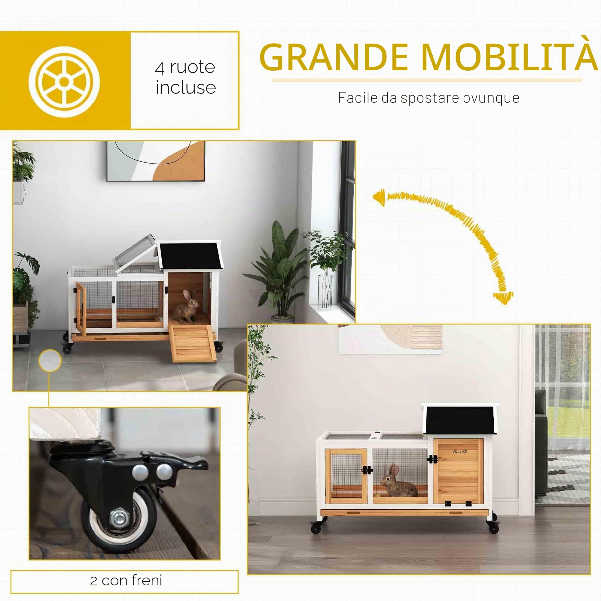 PawHut Conigliera su ruote 2 porte con serratura e cassetto per gli escrementi - dim. 108L x 58L x 73,5H cm - legno giallo